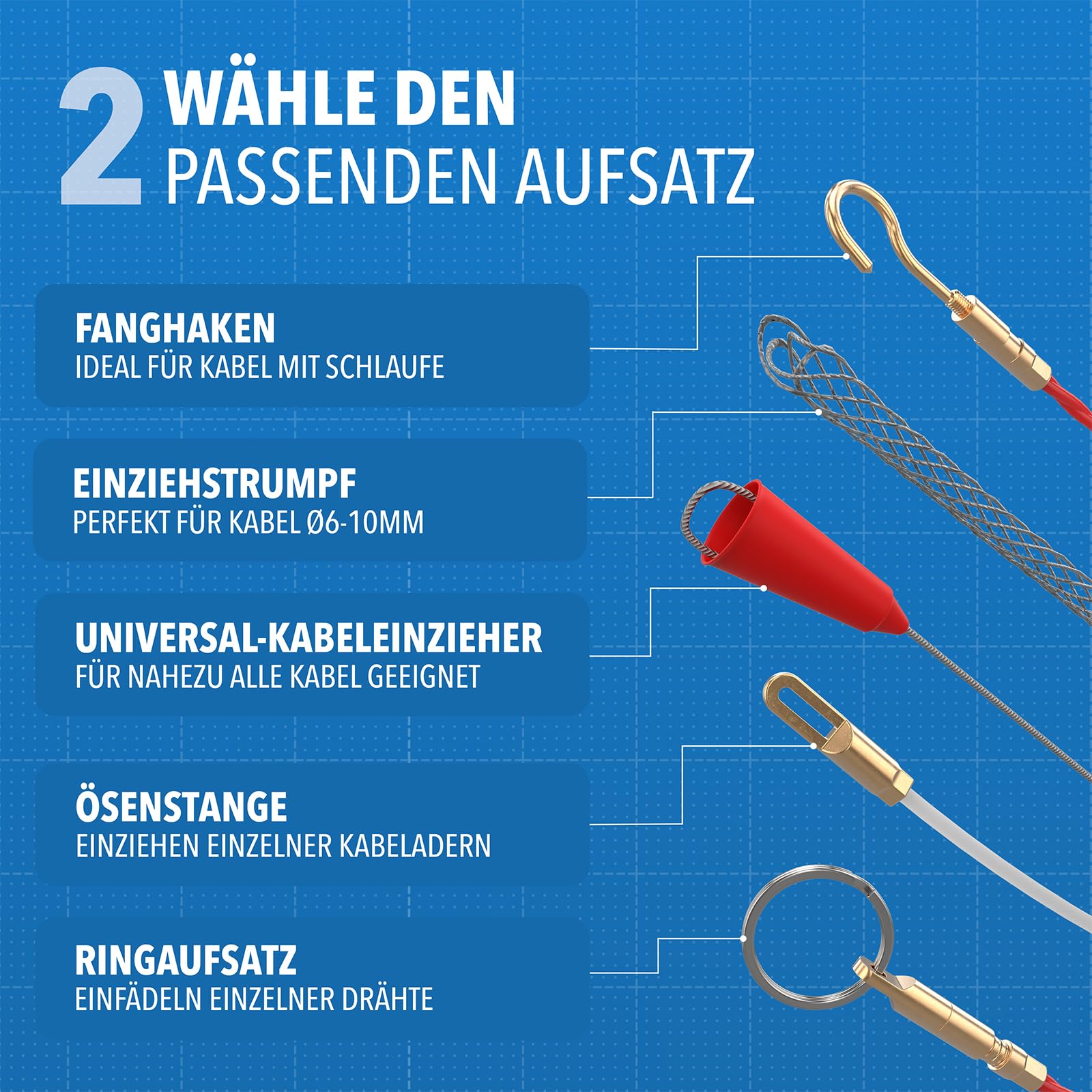 Einziehspirale 30 m – Fiberglas Kabeleinziehhilfe mit Kupferkopf & 5 Zubehörteilen – Kabel Einzugshilfe für Leerrohr, Elektro & Glasfaser – Zugdraht Orange, Griff Schwarz (30)