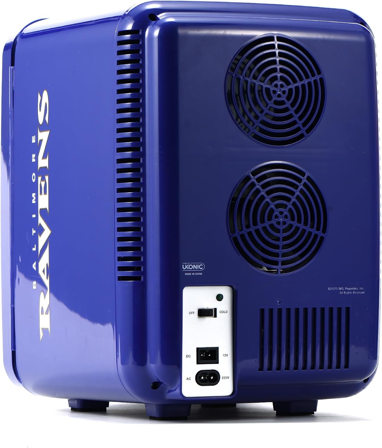 Ukonic NFL Baltimore Ravens 15-Can Mini Fridge 10L – AC/DC Powered, Official Team Colors & Logo, Portable Cooler for Tailgates, Home, Office, or Car