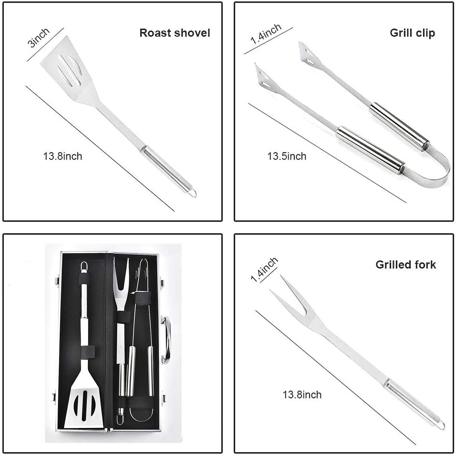 Juego de herramientas para barbacoa de acero inoxidable resistente, 3 piezas, juego de pinzas para barbacoa (espátula, tenedor, pinza) con estuche de almacenamiento portátil duradero, utensilios princ