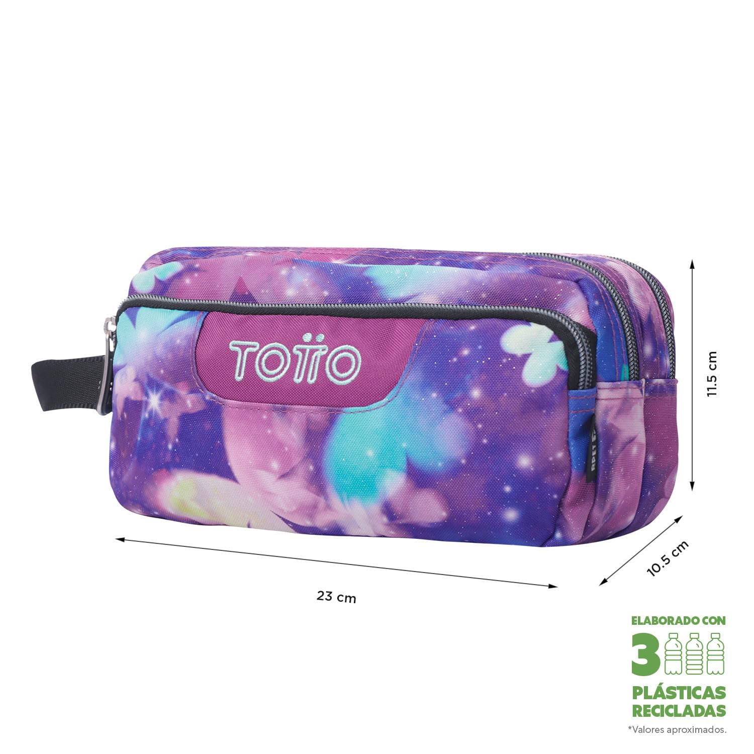 TOTTO - Estuche Escolar 3 Compartimentos, Modelo Agapec, Estuche Grande, 23 x 11.5 x 10.5 cm, Asa Lateral, Tiradores Ergonómicos con PVC, Tejido Resistente, Estampado Star Butterfly Glitter