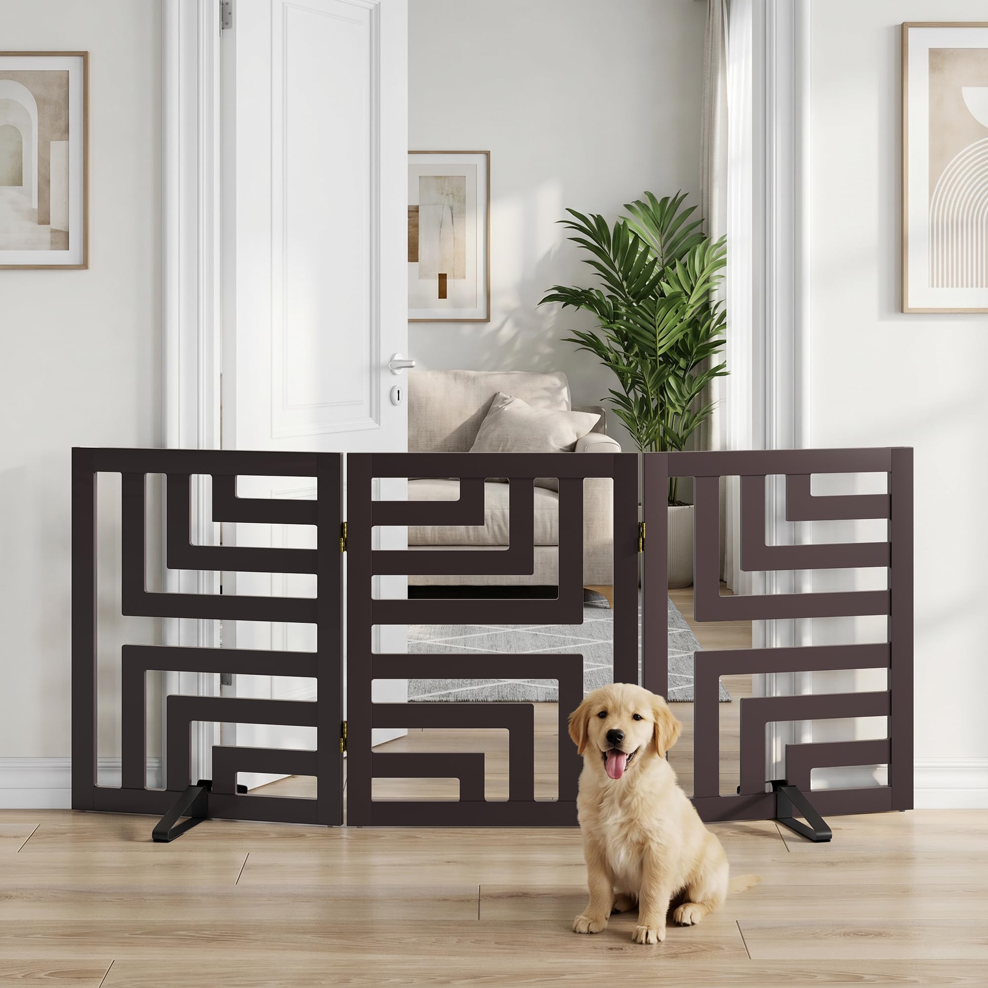 Dog Gate, Angled Design Freestanding Dog Gates for Doorways 3 Panels (brown)