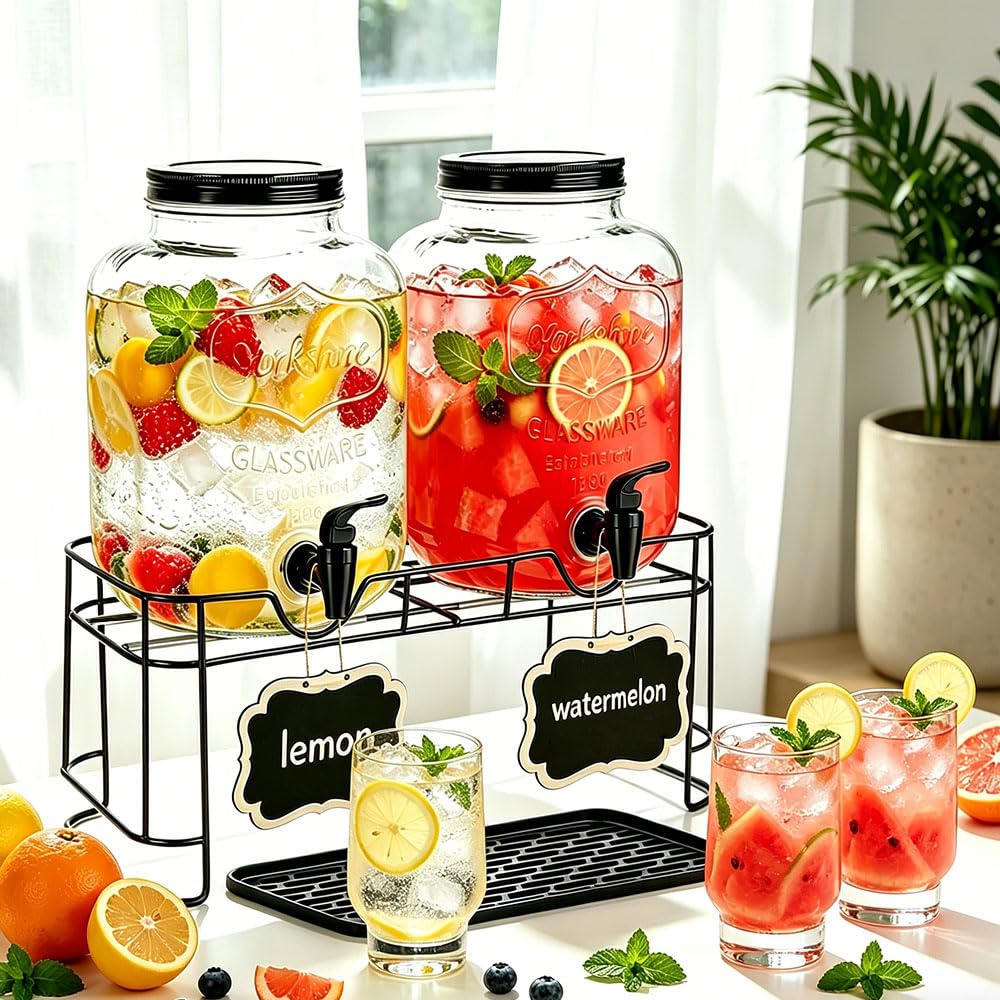 Getränkespender aus Glas mit Ständer + Küchenmatte, großer Getränkespender für Partys, Limonadenspender für Sonnentee, hausgemachter Saft, 2 Stück