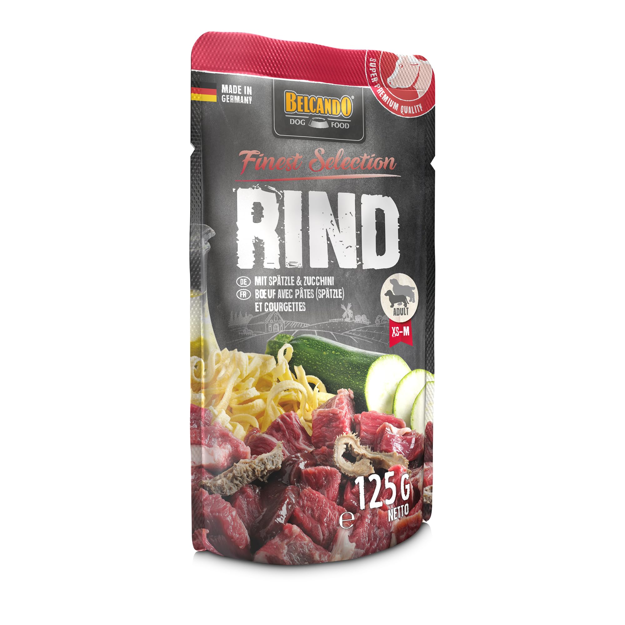Belcando Bolsas [12x125g Ternera con Pasta al Huevo y calabacín] | Comida húmeda para Perros | Alimento Completo en prácticas raciones Individuales