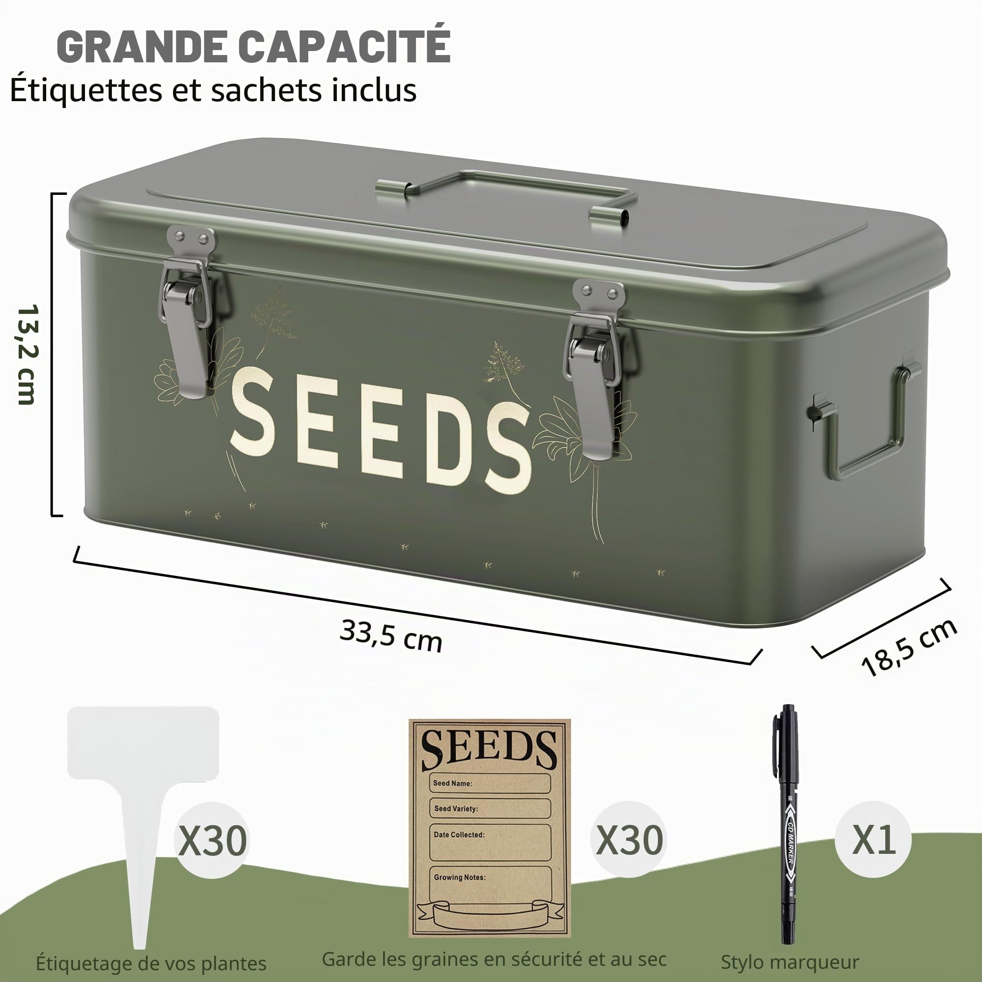 Orionstar Organiseur de graines en métal avec couvercle, bac à graines avec 30 étiquettes pour plantes, 30 enveloppes de graines, 1 marqueur, boîte à 4 compartiments avec verrous de sécurité, vert
