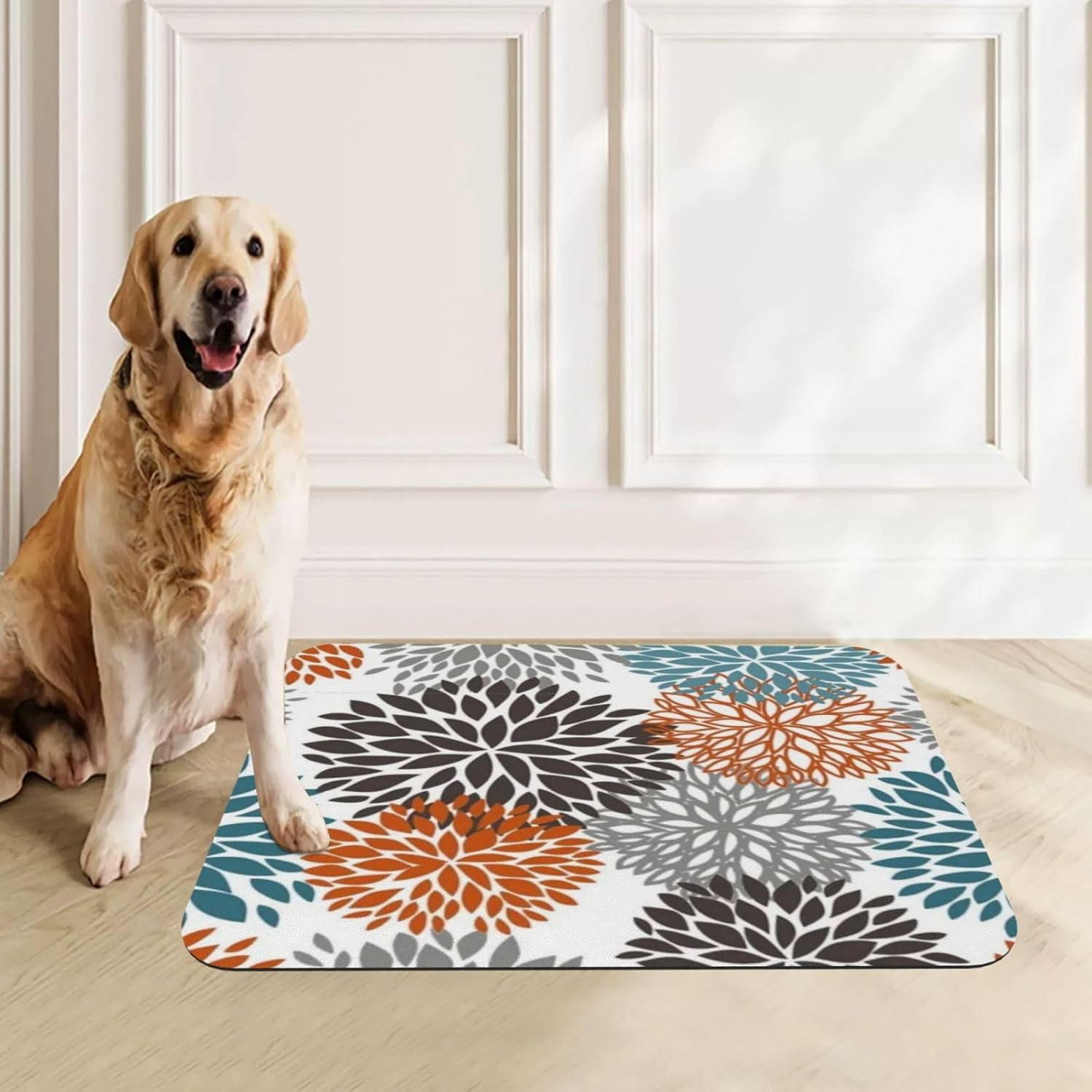 Bule Yellow Navy Chrysanthemum Flowers Pet Feeding Mat-Absorbent Quick Dry Pet Cat Dog Food Mat Non Slip Waterproof Rubber Dish Placemat