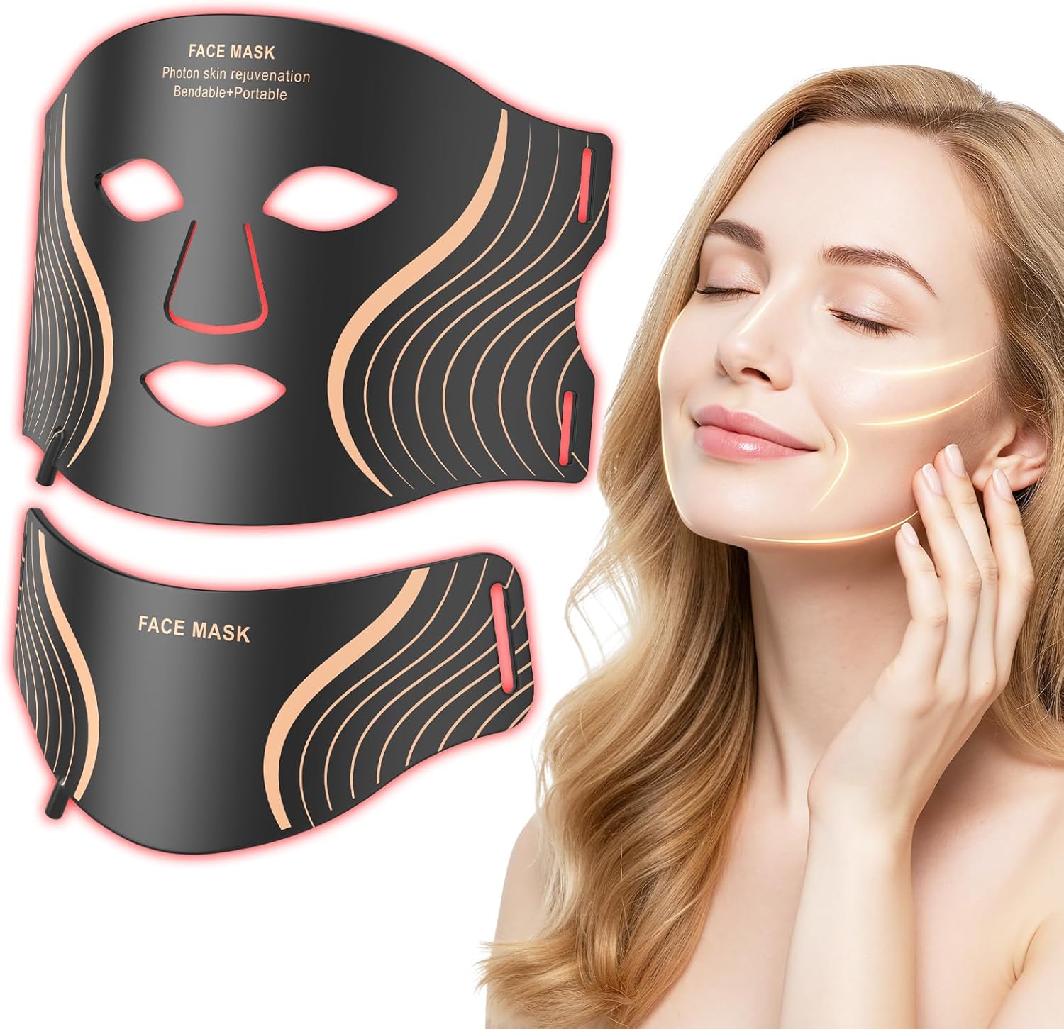 Red Light Therapy for Face & Neck, LED Red Light Therapy Mask for Anti-Aging, Wrinkle Reduction, and Skin Firming, Rechargeable LED Face Mask Light Therapy, 7 Modes, 5 Levels, Home & Travel Use
