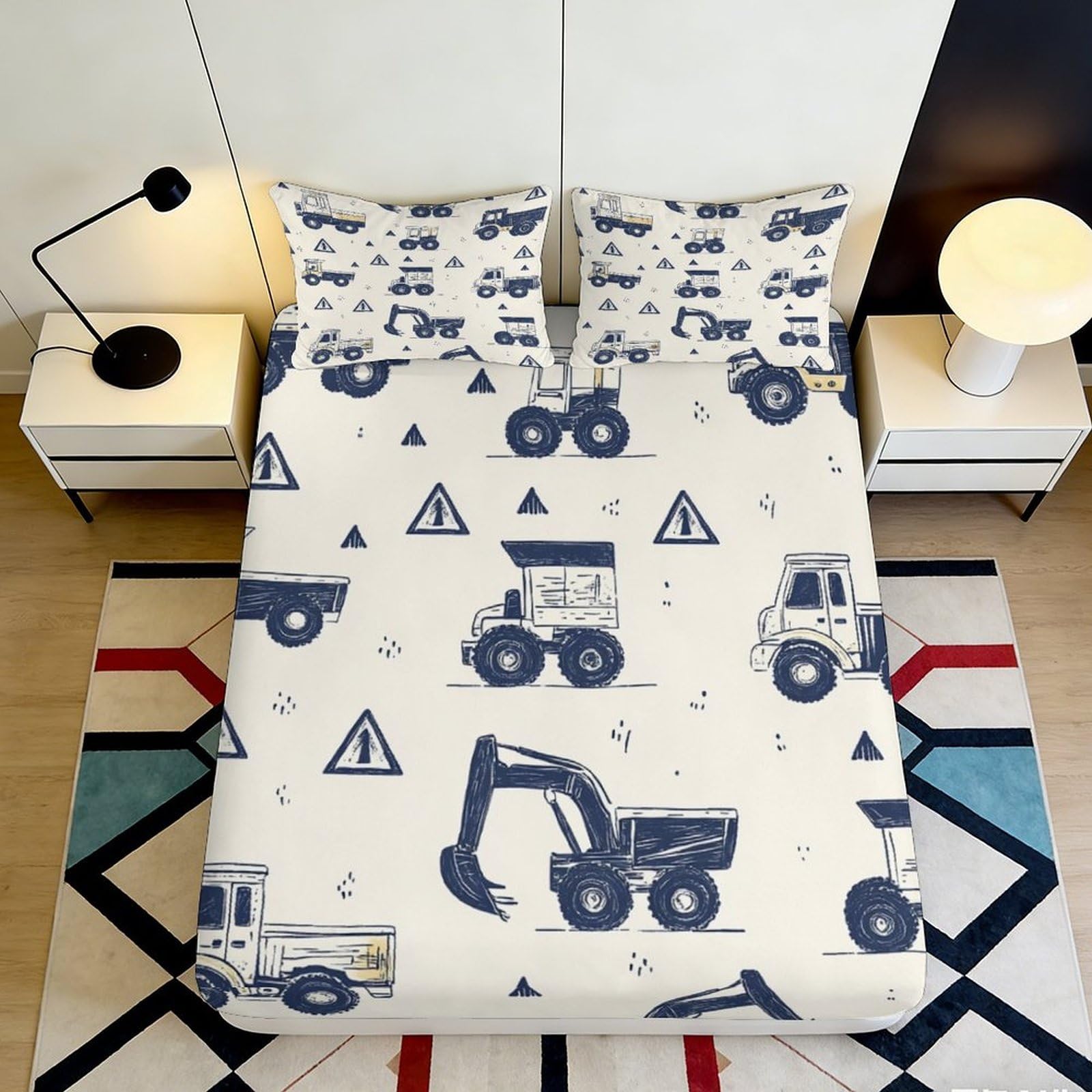 3D Printed Construction Vehicles Fitted Sheet Microfiber Soft Durable Excavator Pattern Bed Cover for Bedroom Dorm Dormitory Guest Room Mattress Protection 180x200x25cm