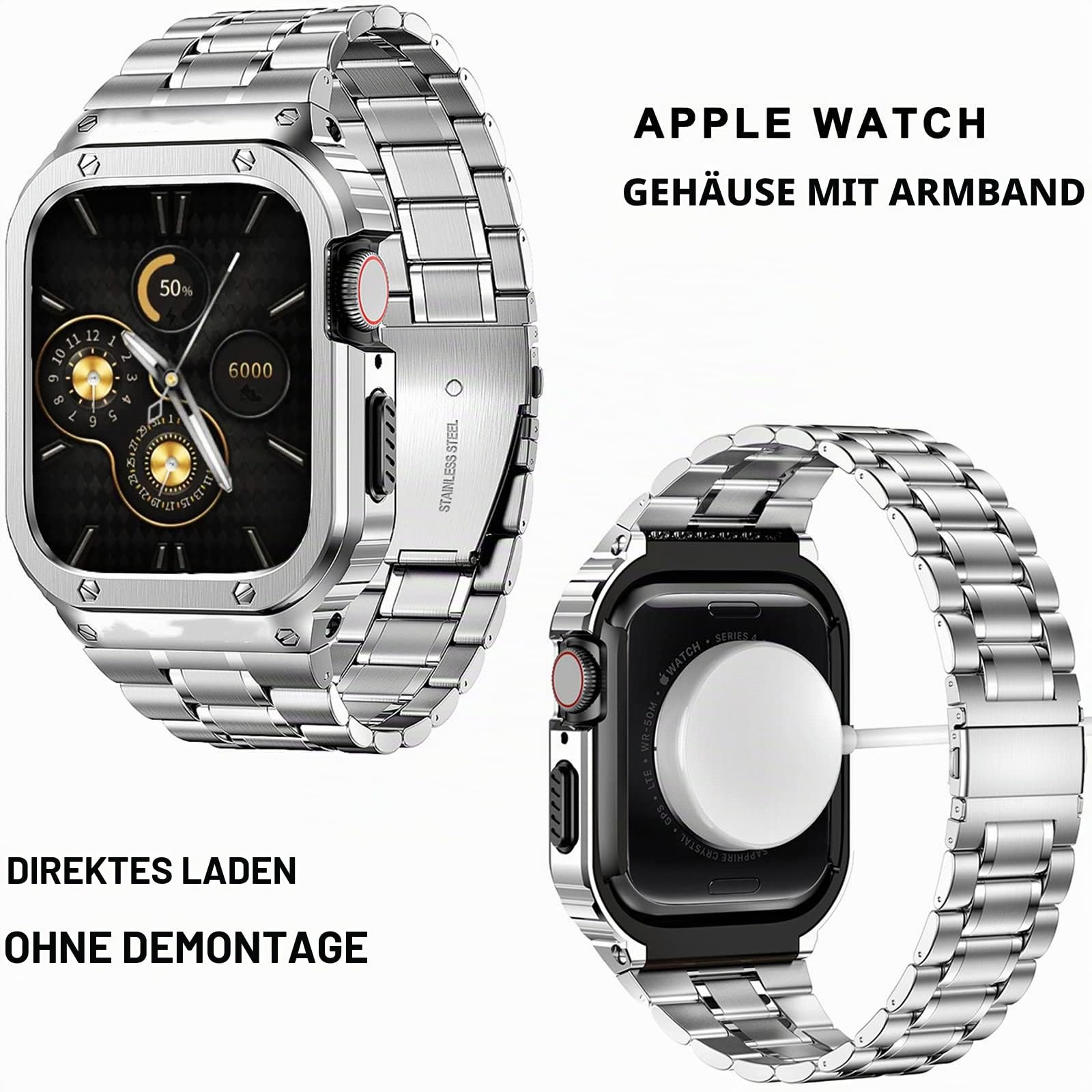 HASLFM Kompatibel mit Apple Watch Armband 45mm Series 9/8/7, Robustes Edelstahl Metall Ersatz Armband mit Gehäuse Cover für iWatch 45mm Series 9/8/7 für Männer, Silber