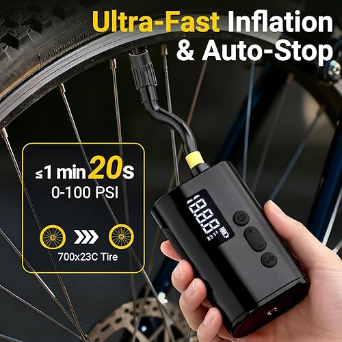 Miniatura 4 de Vinid Mini bomba de bicicleta sin escobillas con medidor de presión digital Bomba de aire recargable eléctrica ultra portátil de 120 PSI, inflado