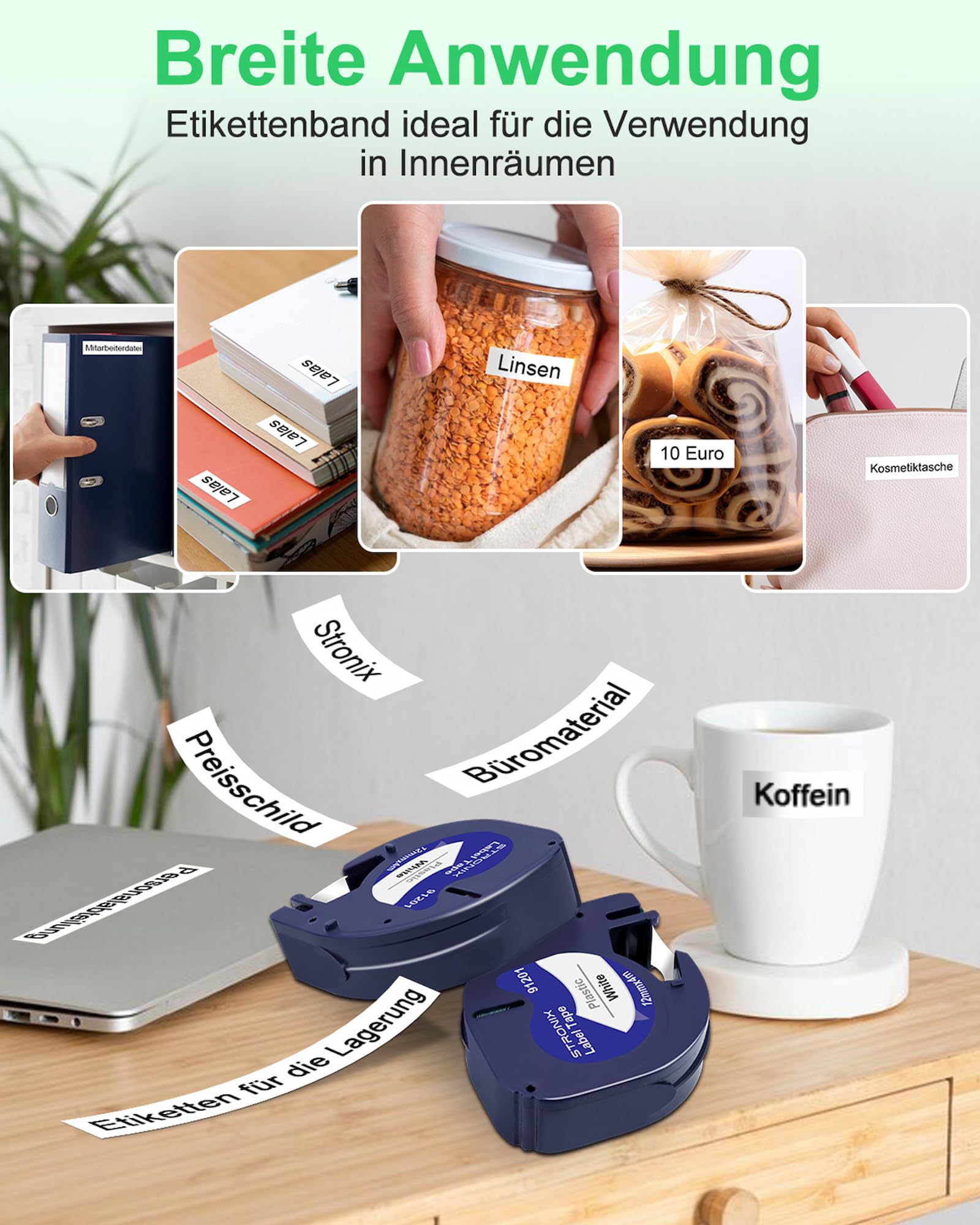 20x Kompatibel für Dyno Letra Tag Etikettenband 12mm x 4m Schwarz auf Weiß Schriftband 91221 S0721660 Kunststoff Etiketten für LT-100H, 100H Plus, 100T, 100T Plus, 110T, 2000, 200B, 80, XM, XR, 109 XR