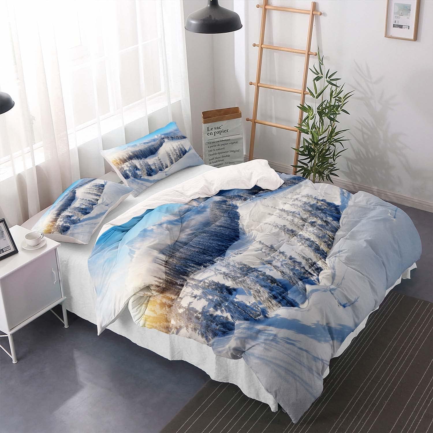 Set Copripiumino Matrimoniale 240x220 Montagne Innevate Microfibra Morbida Biancheria da Letto Stampa 3D Paesaggio Invernale Copripiumino con Cerniera con 2 Federe 50x80 cm e.264