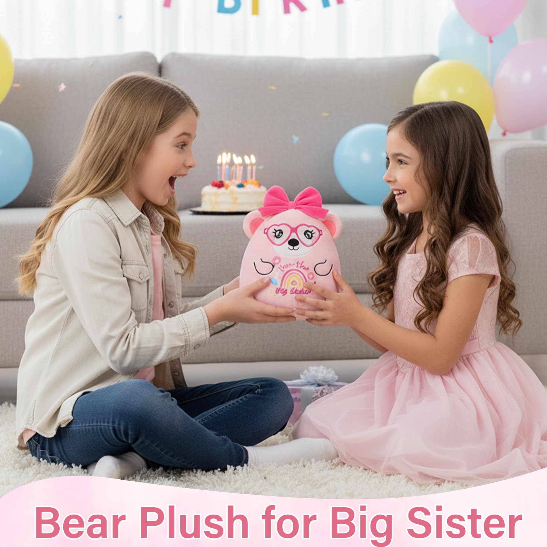 Big Sister Gifts Bear Plush - Cute "I'm the Big Sister" Plush Bear with Big Bow Heart Glasses Rainbow Embroidery Toy Sister Gift for Girl Sibling Kid’s Birthday Baby Shower Bear Gift for Toddler 10in