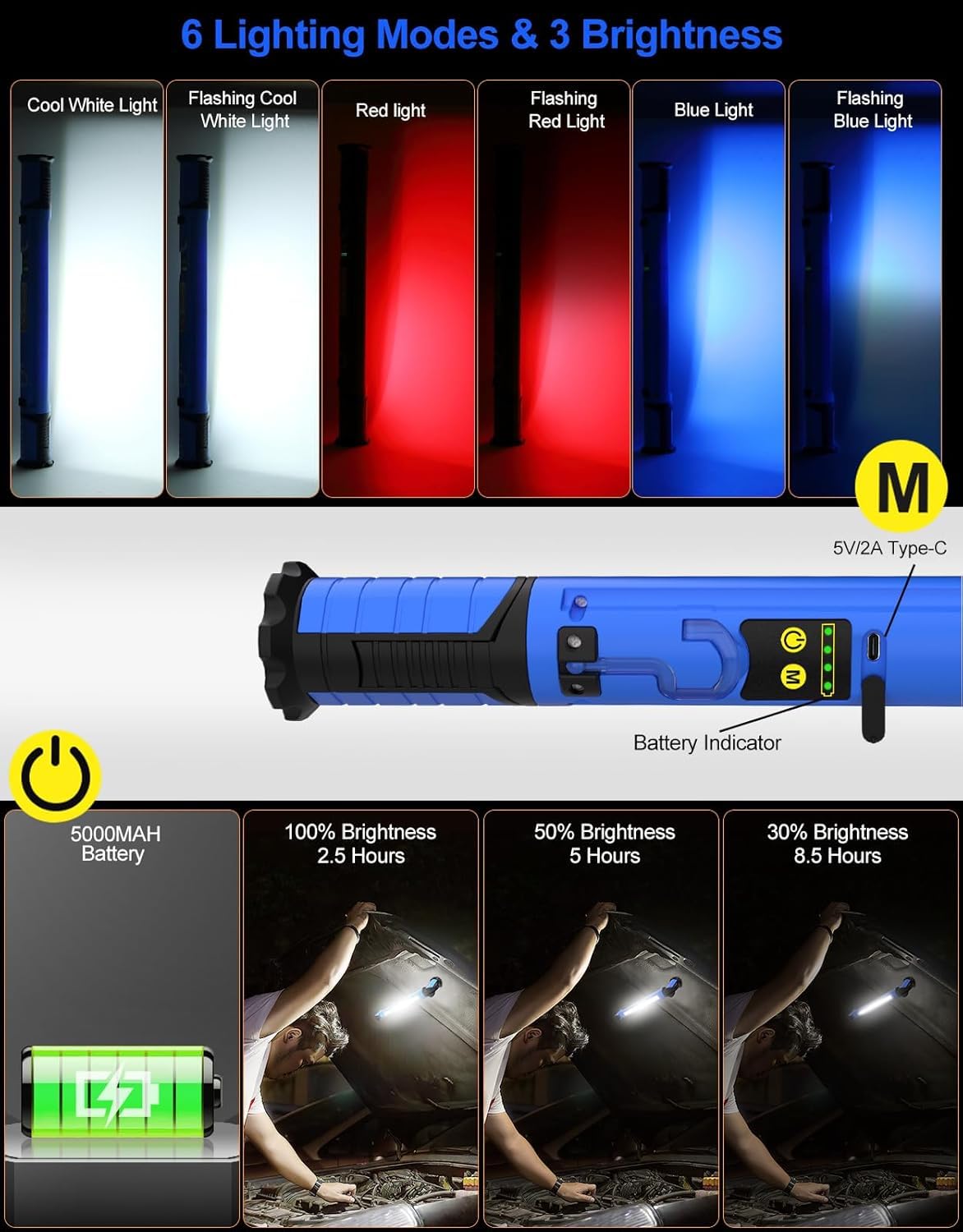 CLY Luz de trabajo, 3000 lm, luz de trabajo LED brillante magnética debajo del capó, barra de luz de trabajo recargable de 5000 mAh, luz mecánica con ganchos, 6 modos, inalámbrica, funciona con pilas