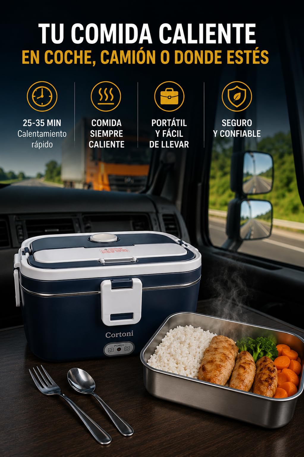 Fiambrera Eléctrica 1,8L + 0,4L – Fiambreras Comida Trabajo, Taper electrico Comida Caliente para Casa, Trabajo, Coche y Camión 12V/24V/220V