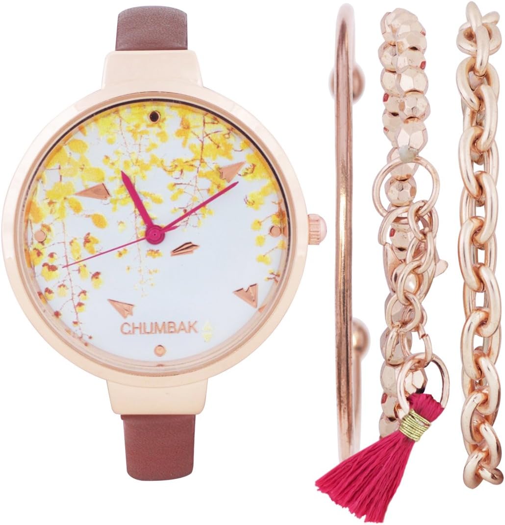 Round Dial Analog Watch for Women|Summer Blooms Collection| Watch & Jewellery Sets|Gifts for Women/Girls/Ladies |Stylish Fashion Watch for Casual/Work - Gold