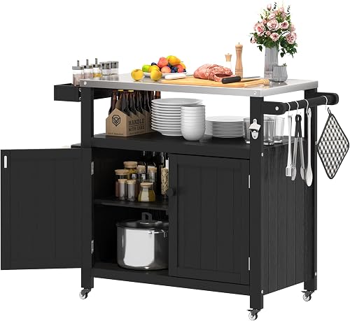 Sunnibety Outdoor Kitchen Island Grill Cart with Stainless Steel Top, Weatherproof HIPS Prep Table with Storage & Wheels Sunnibety Outdoor Kitchen Island Grill Cart with Stainless Steel Top, Weatherproof HIPS Prep Table with Storage & Wheels