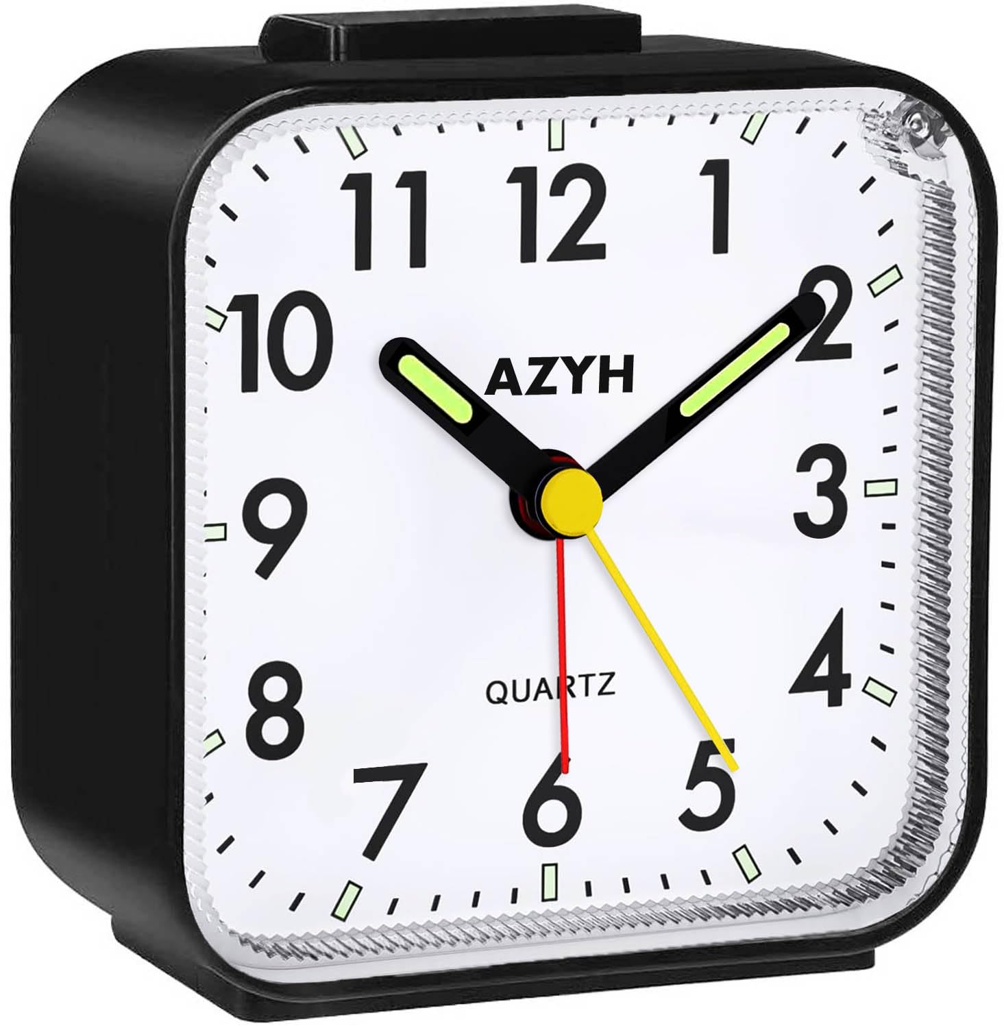 Azyh Analog Alarm Clock, Silent No Ticking Alarm Clock with Light, Snooze, Battery Operated, Loud Alarm, Luminous, Portable Clock, Quiet Small Travel Clock for Deep Sleeper