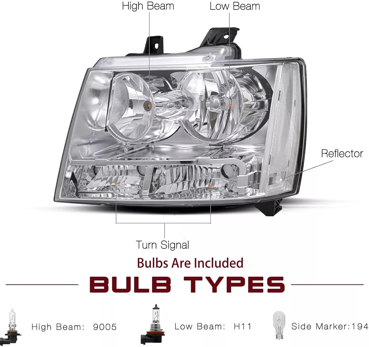 Headlights Assembly Set With Bulbs and Harness For 2007 2008-2014 Chevy Tahoe Suburban 1500 2500/2007-2013 Chevy Avalanche 1500 LT LS LTZ Replacement Headlamps Chrome Housing Clear Reflector(LH&RH)