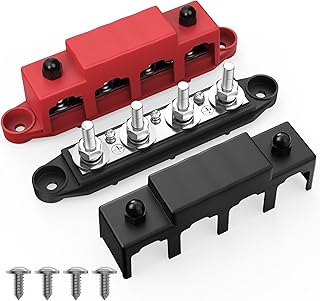 Joinfworld 5/16" Power Distribution Block 250A 12V Bus Bar 4 Post Junction Block Automotive Marine Battery Busbar Terminal Block with Cover 12 Volt Negative&Positive