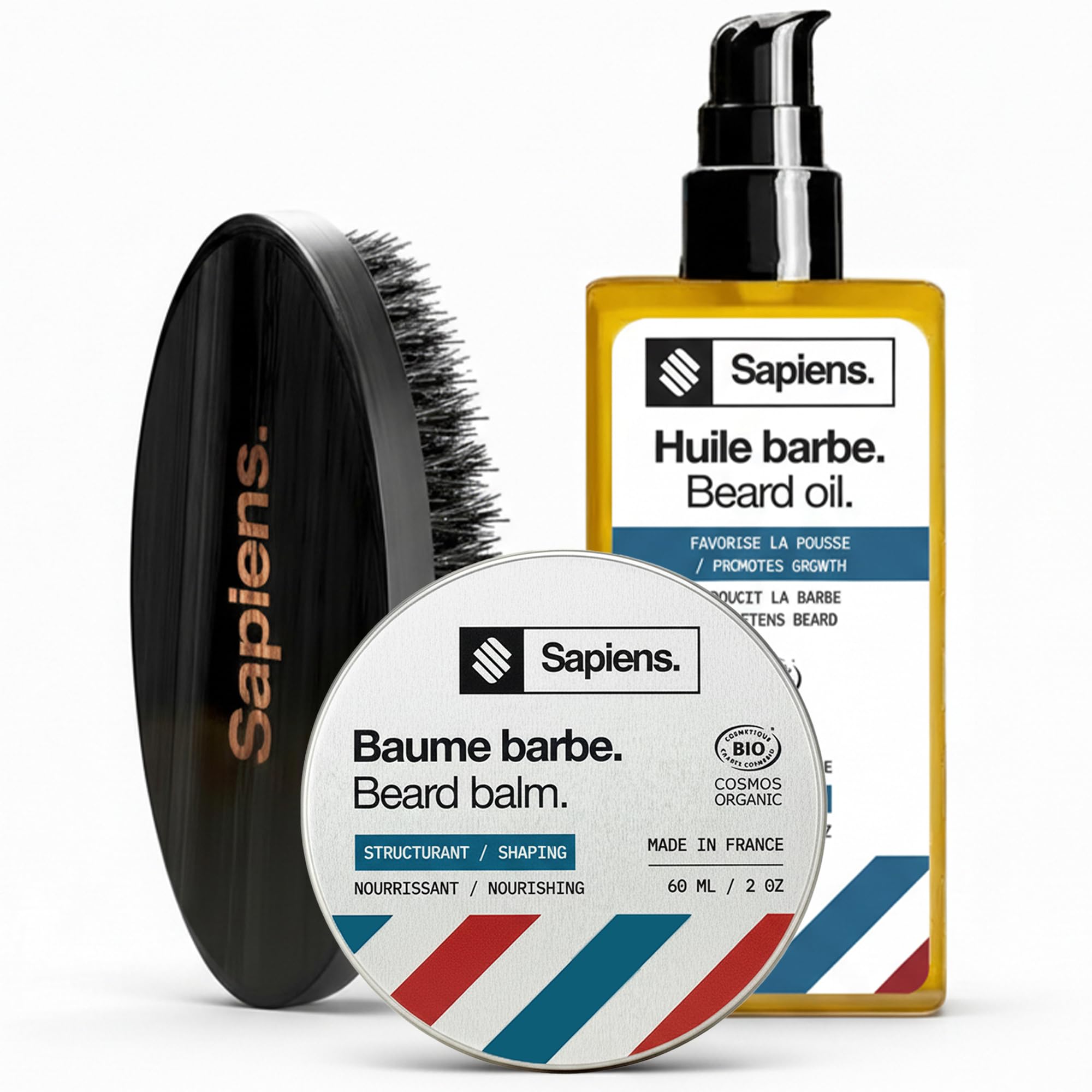 Sapiens Trio de Soin Barbe Homme - Huile Barbe Bio + Baume Barbe Bio + Brosse en Poils de Sanglier - Essentiels de Soins pour Barbe - Fabriqué en France
