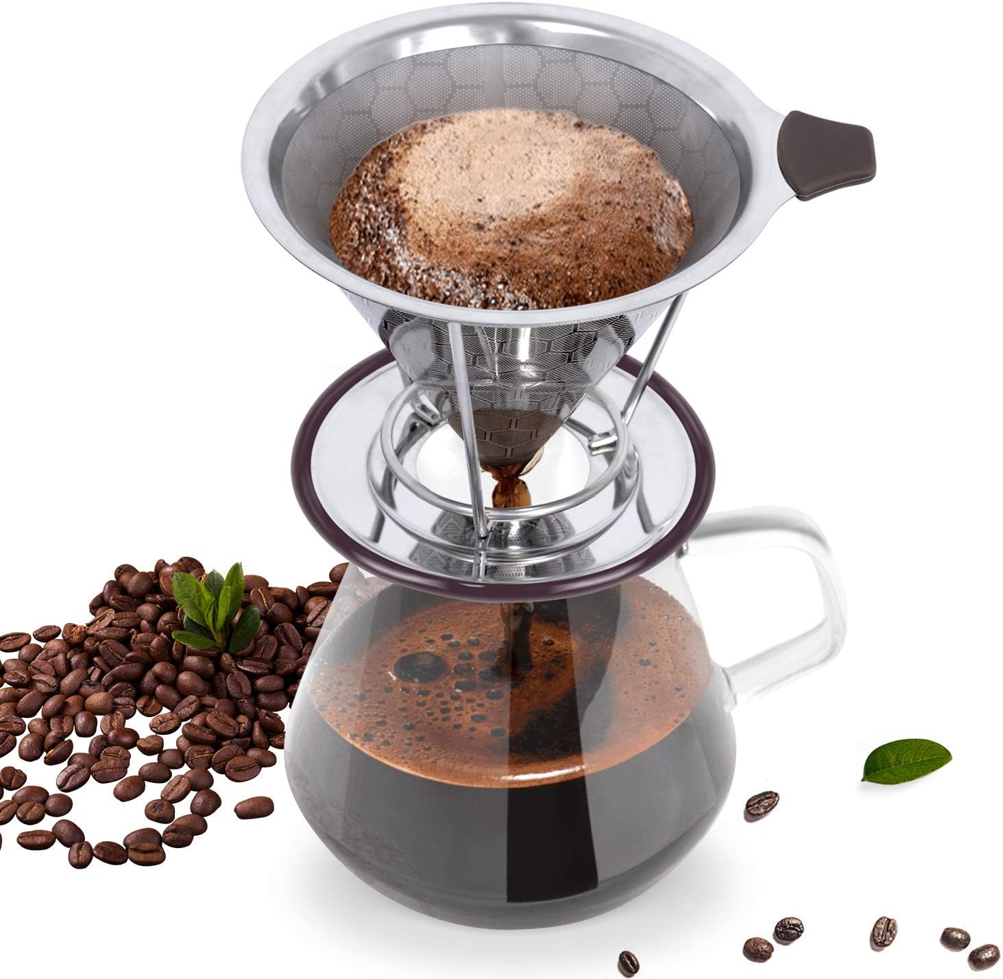 Pour Over Coffee Maker Kit with Coffee Dripper, Reusable Stainless Steel Filter, Heat Resistant Borosilicate Glass Carafe 600ml and Silicone Handle