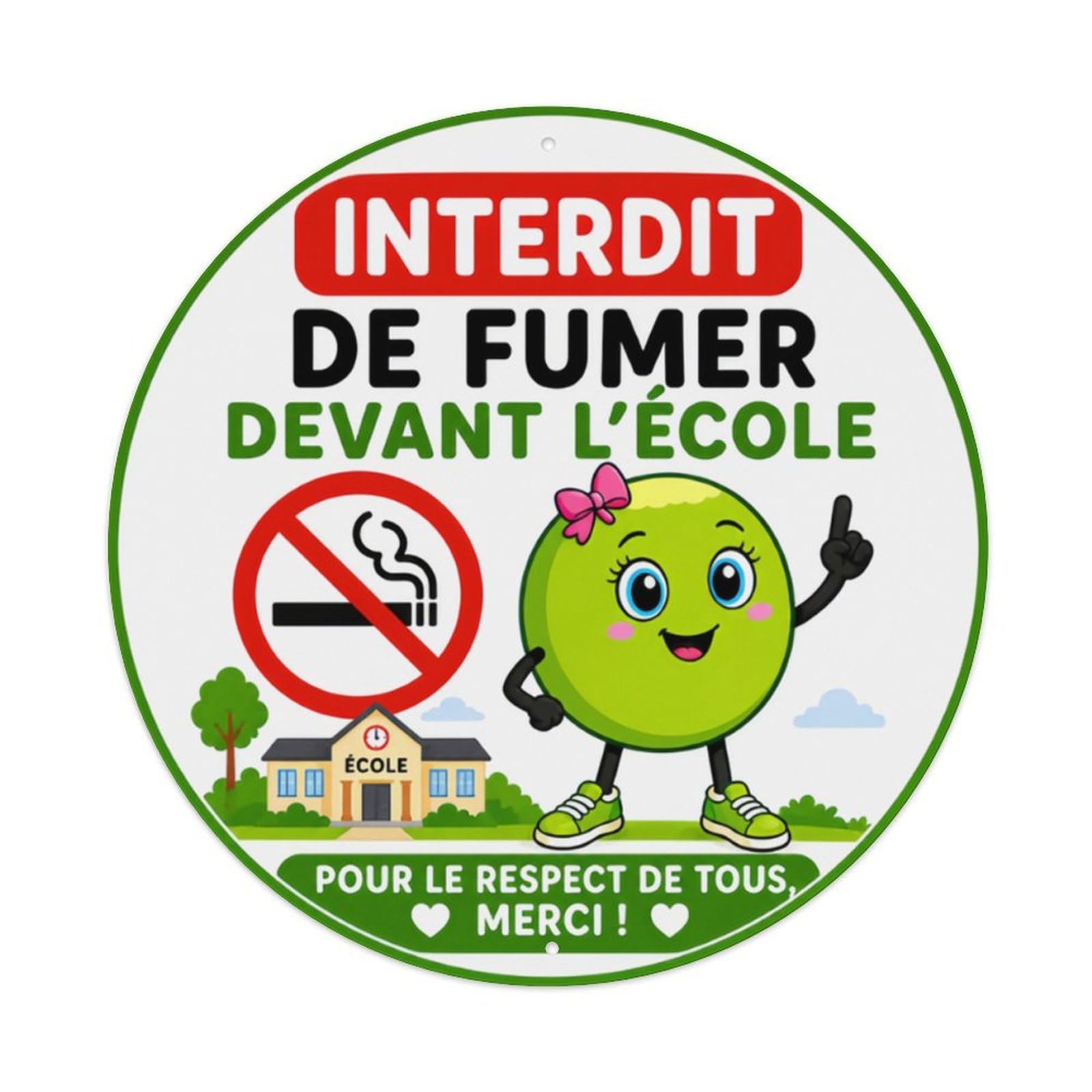 French No Smoking School Cartoon Round Sign Vintage Aluminium Metal Sign, Retro Wall Decor for Home, Bar, Garage & Farmhouse 20x20cm