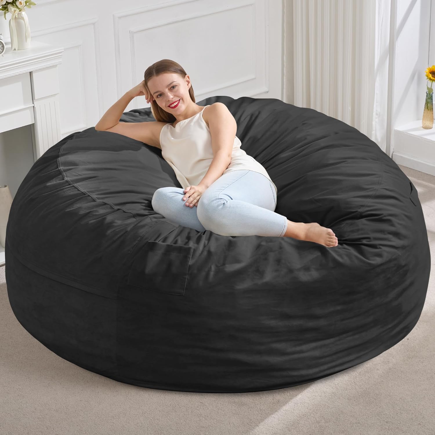 Hobestluk 5FT Bean Bag Chair Giant Bean Bag Chairs for Adults Large Bean Chairs with Removable Cover, Beanbag Chair with Filler, Adult Bean Bag Chairs for Living Room, Bedroom 5FT - 50" x 50" x 24" Black