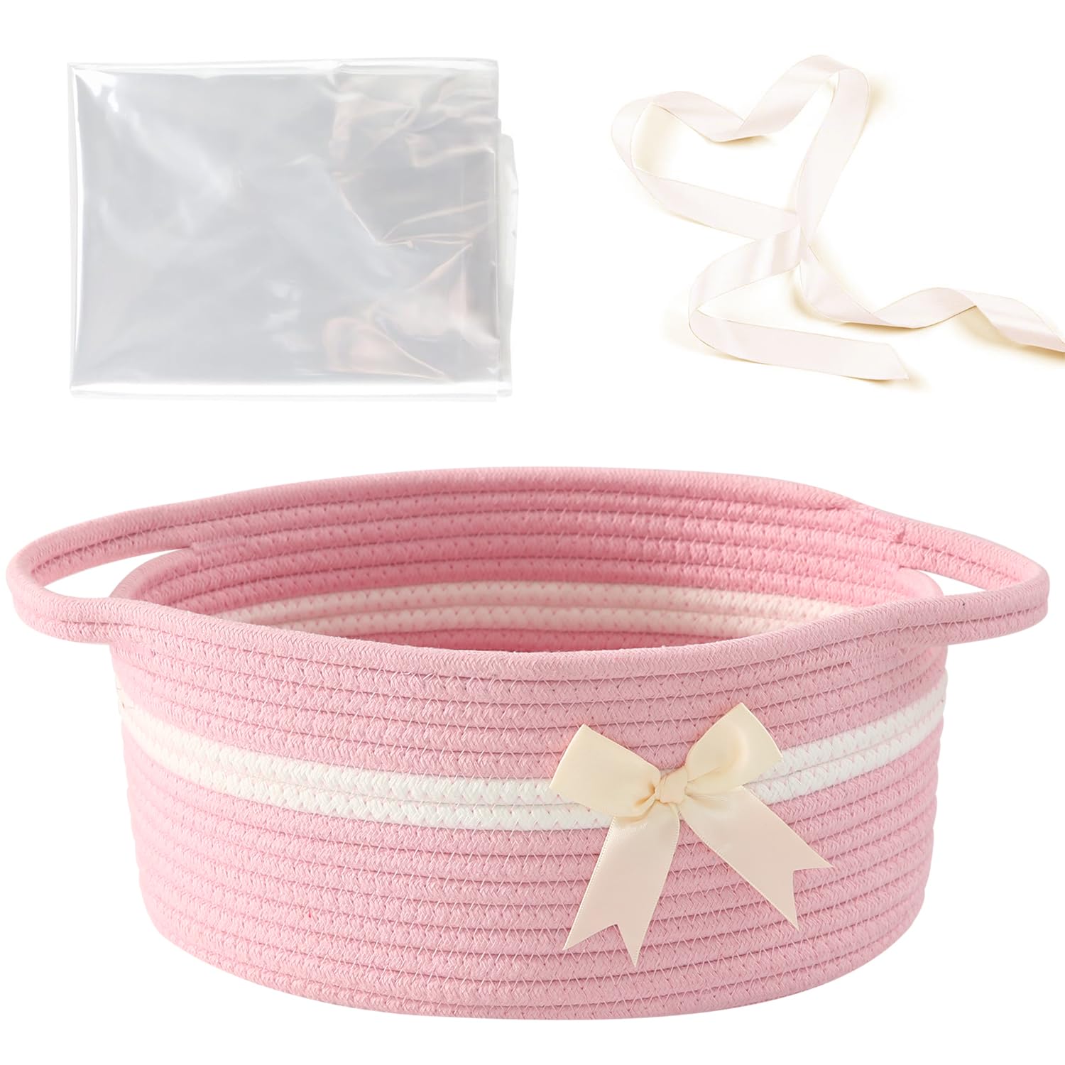 HomeyPine Empty Gift Bowknot Basket with Ribbons and Bow and Gift Bags, Decorative Baby Gift Baskets Empty Small Woven Rope Cat Dog Toys Basket with Handles, Pink