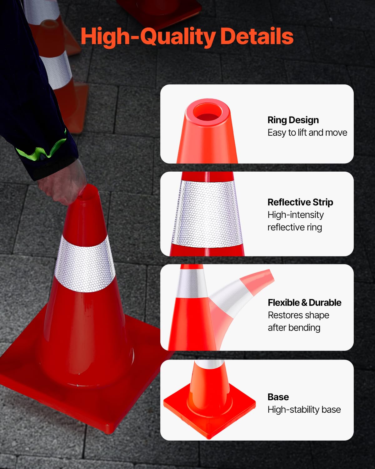 VEVOR Cono de Tráfico 12 Piezas 45,7 cm Pedestal de Obra de PVC Cono de Seguridad con Base Pesada y Collar Reflectante para Demarcación de Estacionamiento de Emergencia en Estacionamiento Carretera