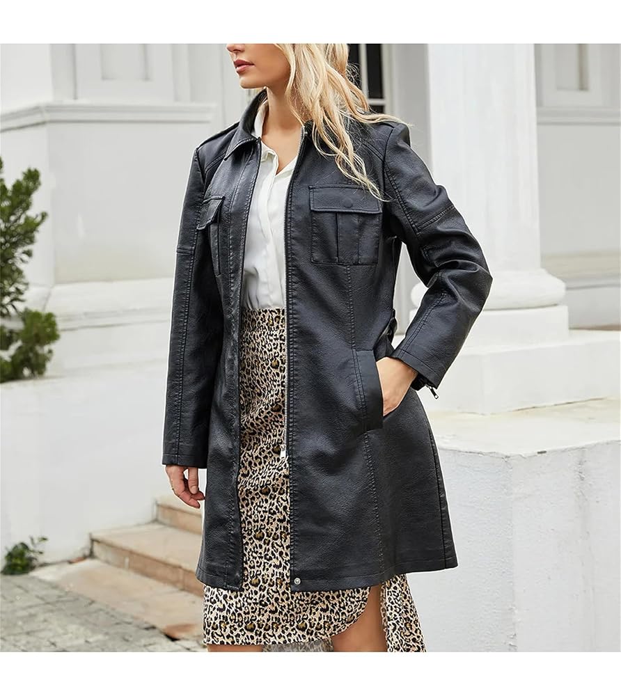 Women's Leather Trench Coat Fashion Slim Mid-Length Leather