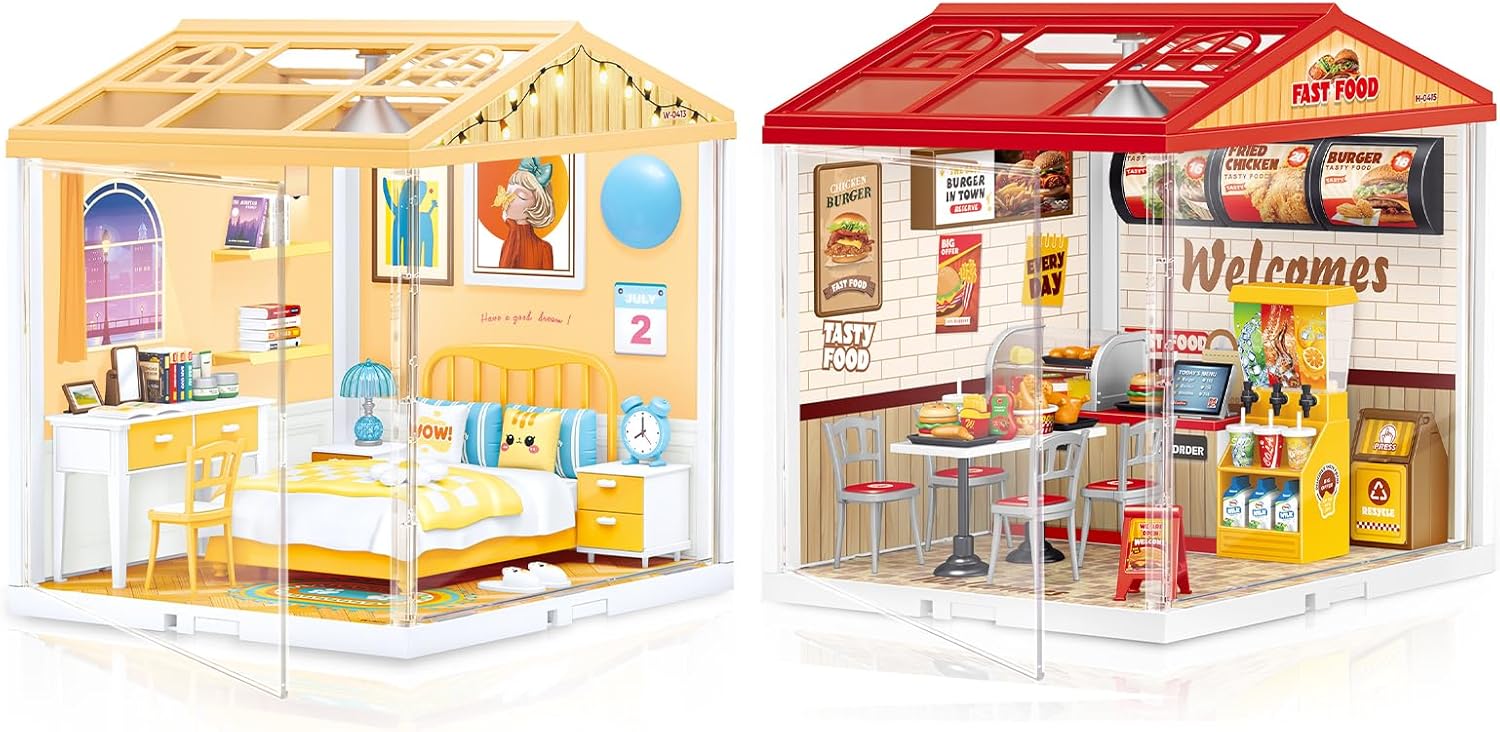 LED Building Blocks for Adults, 1:24 DIY Miniature Dollhouse Kits with Roof & Dustproof Cover, Tiny House Toy Building Sets for Kids Ages 8-12-15, Cozy Bedroom & Fast Food Restaurant