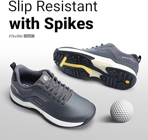 Miniatura 2 de FitVille Zapatos de golf profesionales para hombre, zapatos de golf extra anchos con púas para hombres impermeables