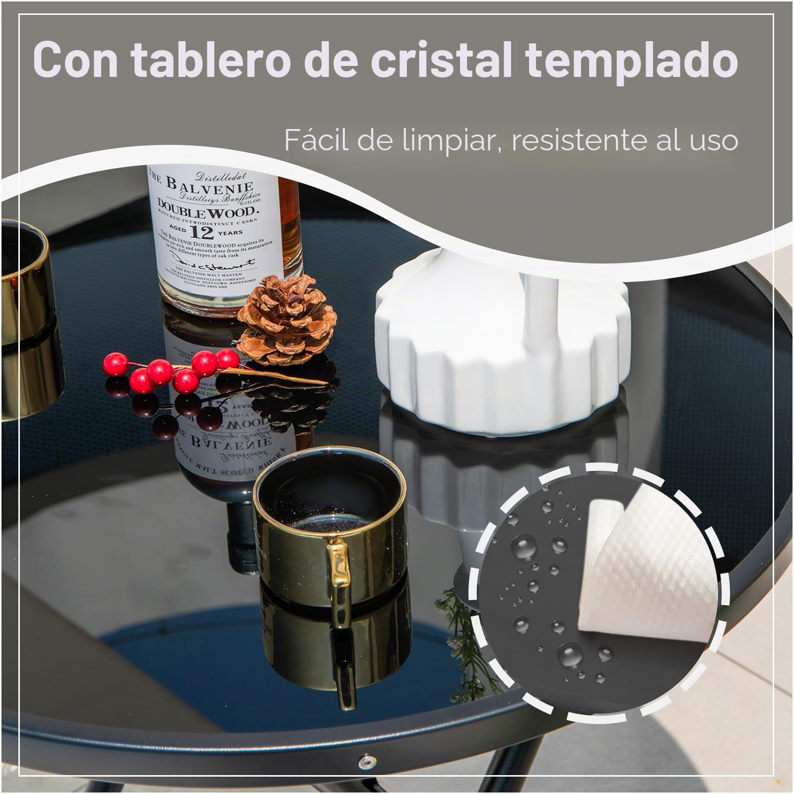 KOMFOTTEU Mesa Plegable de Jardín, Mesa Redonda de Vidrio Templado, Mesita Auxiliar con Marco de Metal, para Terraza, Porche, Piscina, Ø59 x 67 cm, Negro