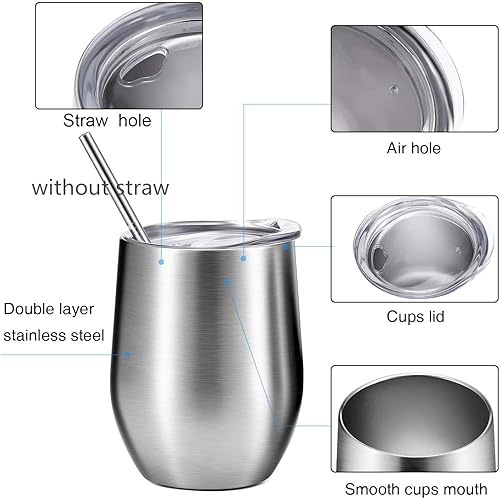 Miniatura 3 de Vaso de vino de acero inoxidable de 12 onzas con tapa, taza de viaje aislada de doble pared perfecta para vino, café, bebidas, champán, cócteles