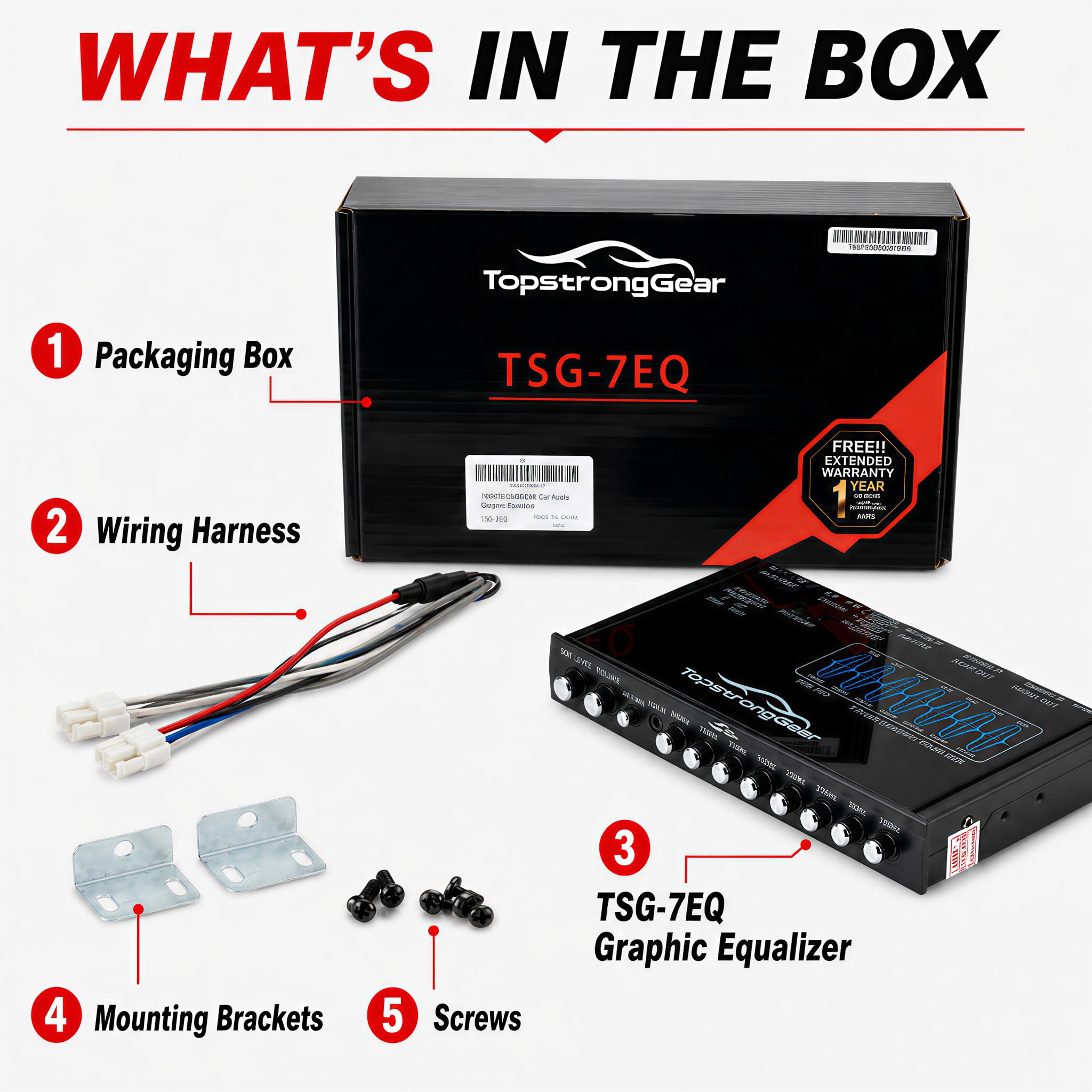 TOPSTRONGGEAR TSG7EQ - Ecualizador gráfico de audio para automóvil de 7 bandas con entrada auxiliar frontal de 3.5 mm, salidas RCA de alto voltaje y entradas de altavoz de alto nivel