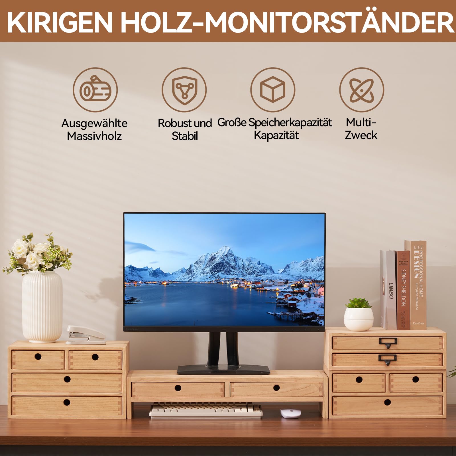 KIRIGEN Monitorständer mit 2 Schubladen, Bildschirmerhöhung aus Holz, Natur | 60 x 24 x 12,5 cm, Paulownia-Massivholz, handgefertigt, fertig montiert, Kabeldurchführung, Stiftfächer, Antirutschpads