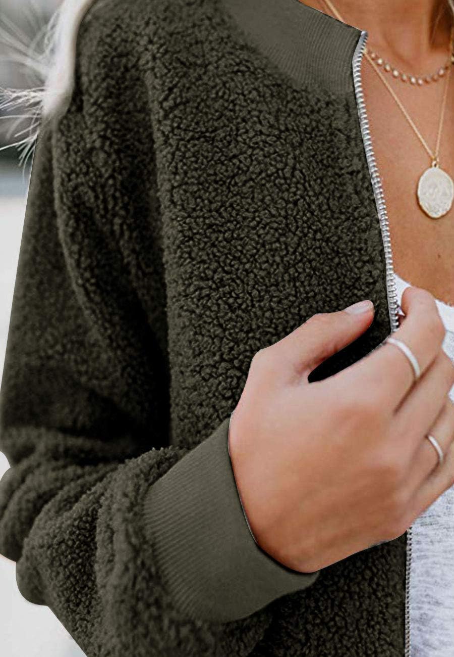 MIROL Women's Fall Fleece Bomber Jacket Trendy Sherpa Winter Coat Fuzzy Casual Long Sleeve Zip Up Loose Fit Jackets - Image 5