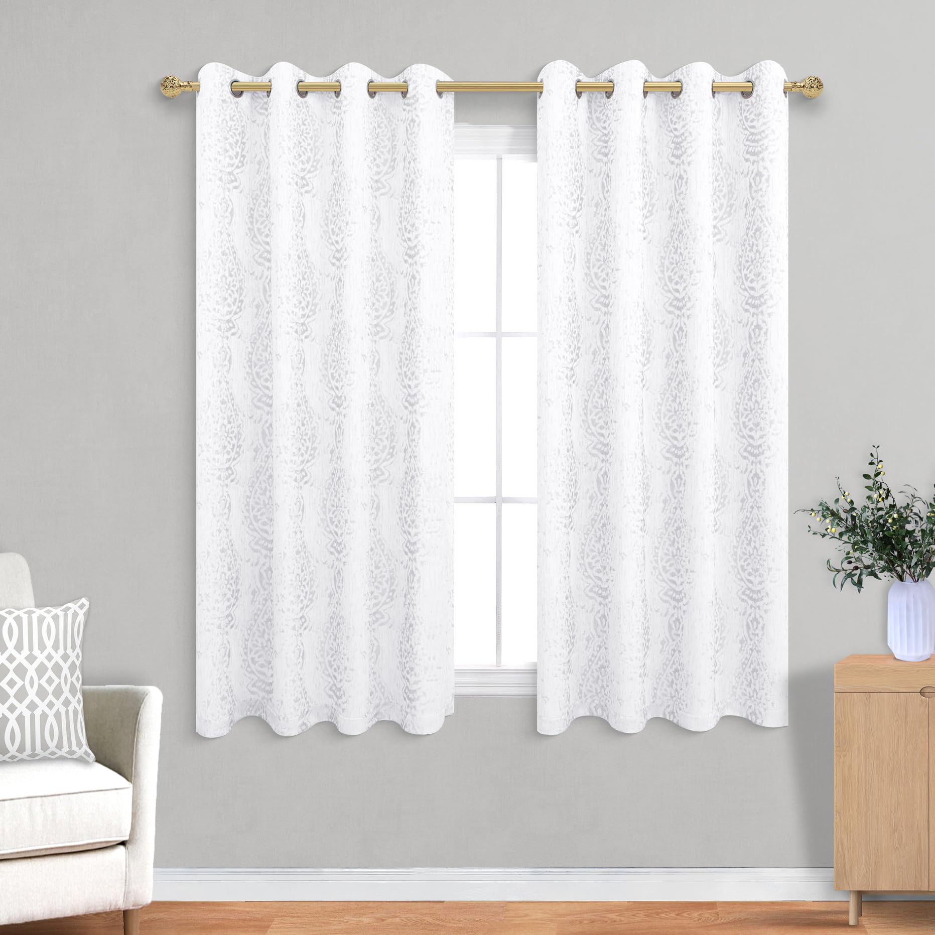 Mrs.Naturall White 52x45 Inches Long Damask Pattern Curtains for Living Room