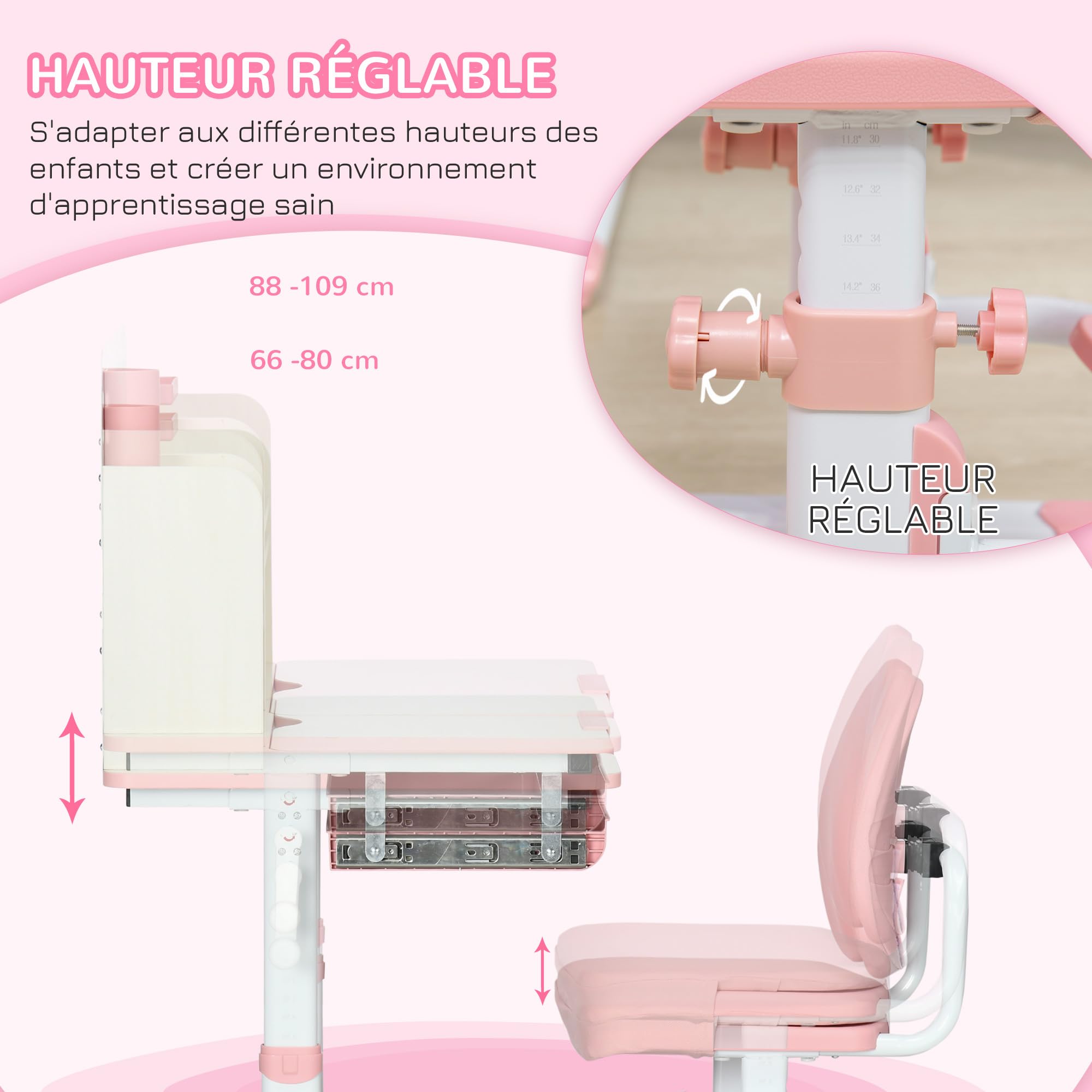 HOMCOM Bureau et Chaise pour Enfants, Hauteur réglable, Plateau inclinable 0-60°, Rose