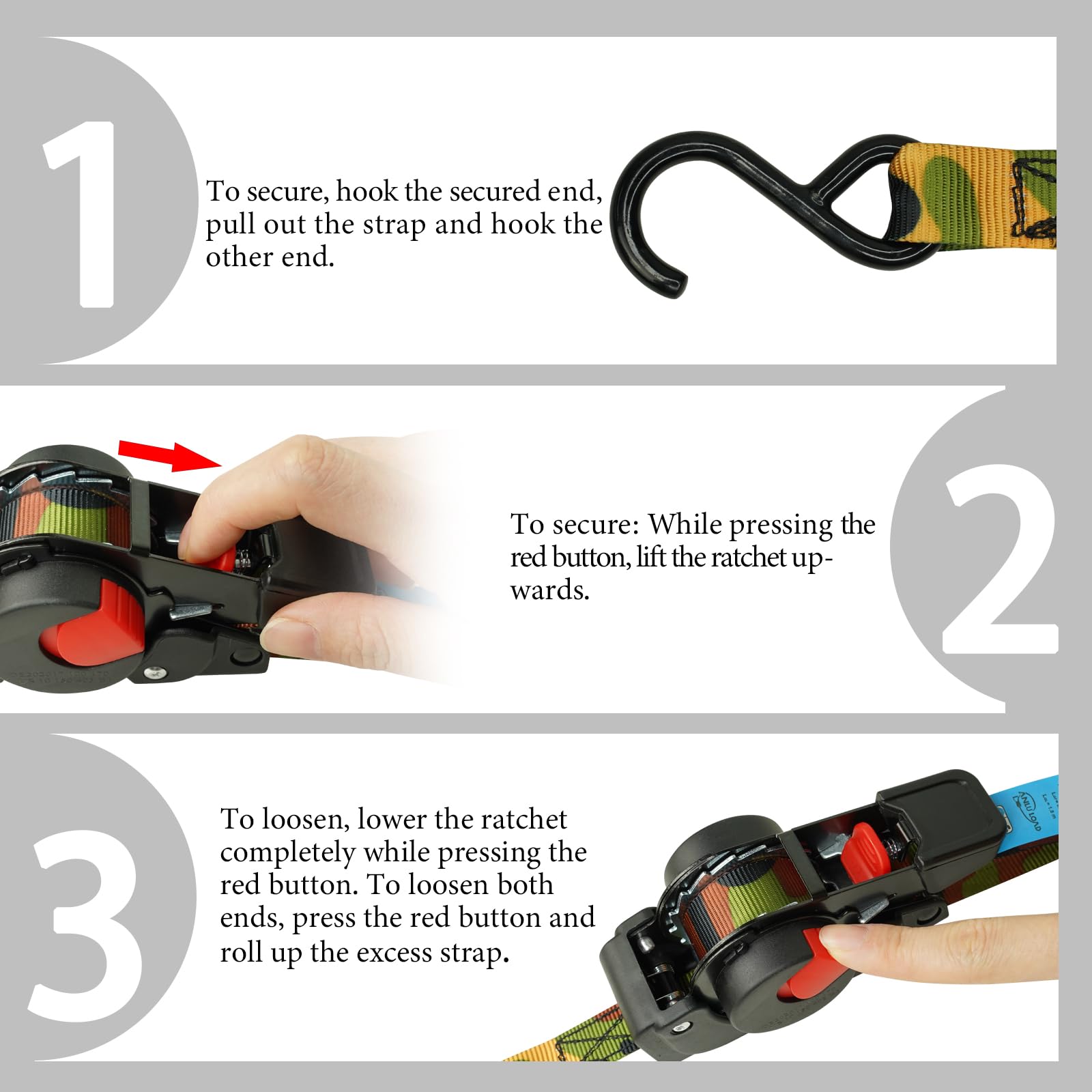 ANLU LOAD Retractable Ratchet Straps - S Hook Tie Downs For Motorcycles, ATVs, Boats, Cargo (2 Pack, 13 Ft)