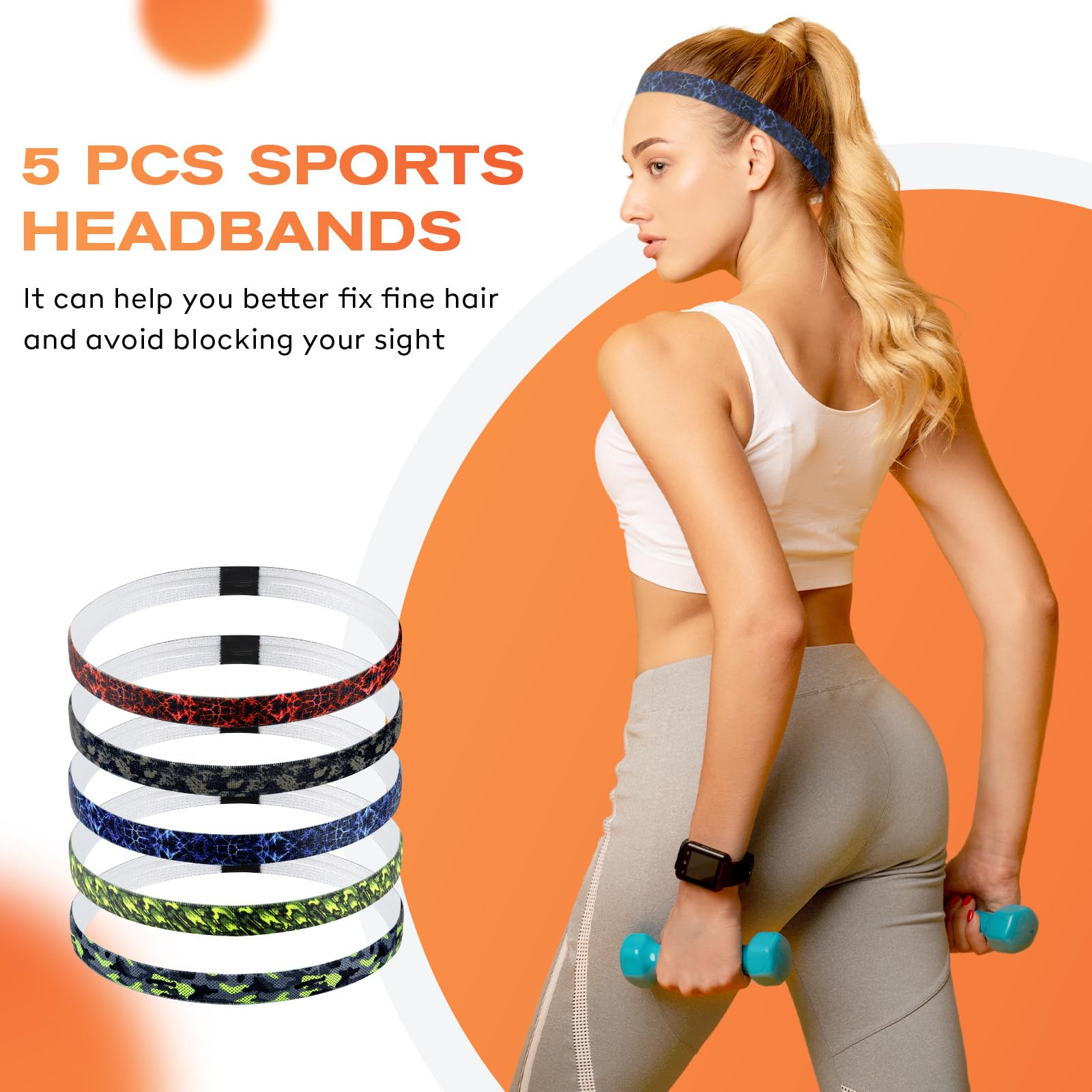 Blooms 5 Pezzi Fascia Sportiva Capelli Antiscivolo, Fasce per Capelli Uomo e Donna Fascia Elastico Capelli Sottile Antiscivolo Fascette Capelli per Sport Basket Calcio Yoga Fare Jogging Bicicletta