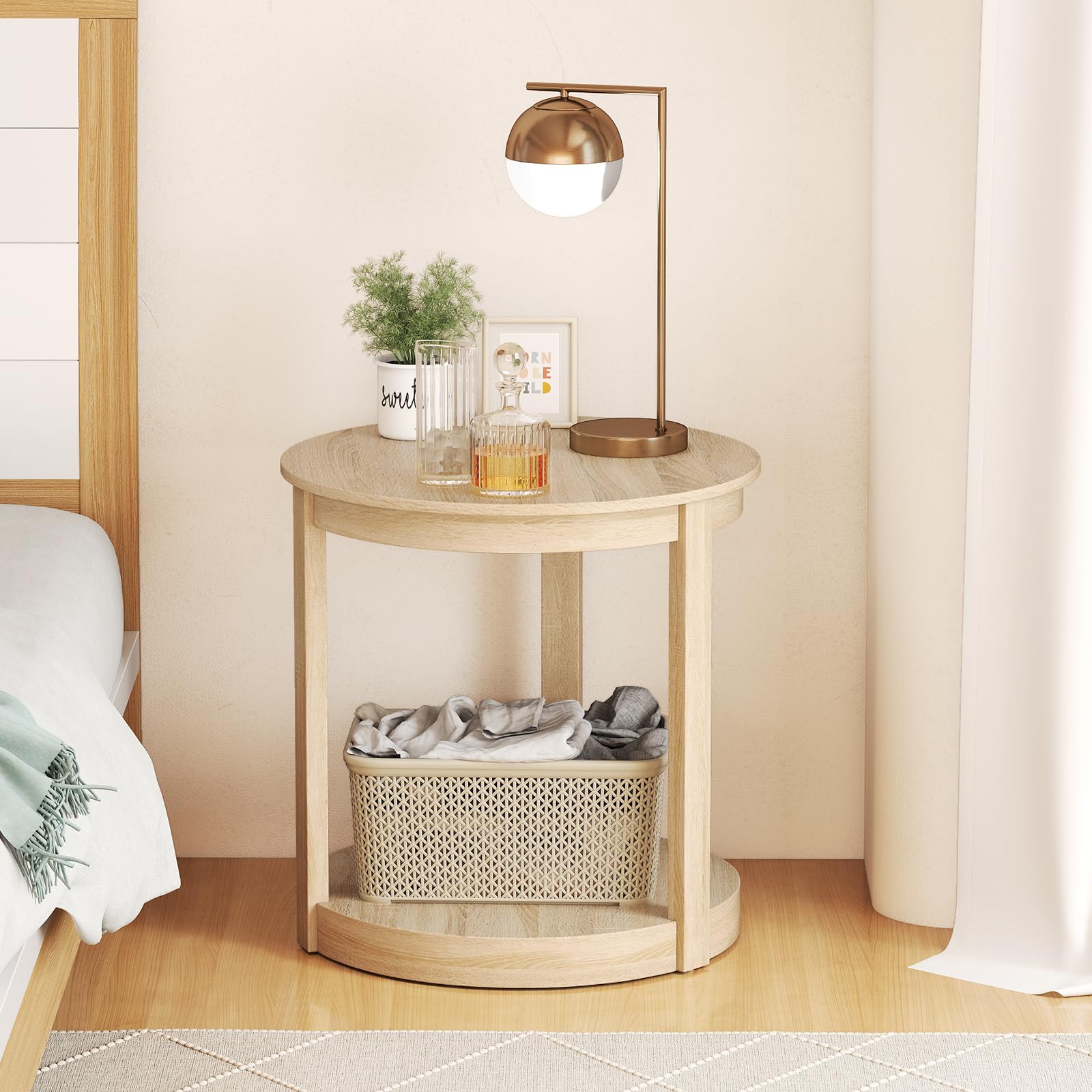 LIFEZEAL Kleiner Couchtisch, Wohnzimmertisch Holz mit 2 Ebenen für Wohnung, Runder Beistelltisch mit Ablagefach, Kaffeetisch Telefontisch für Wohnzimmer (Eiche)