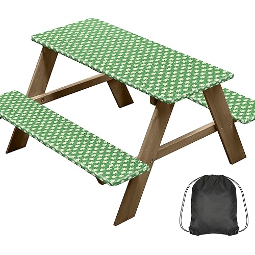 SUEH Design Picnic Table Cover with Bench Covers, 3-Piece Set with Drawstring Bag, Flannel Backing Elastic Edge Wipeable Tablecloth for Outdoor Patio Camping, 72 in/6 Ft, Green with White Flower