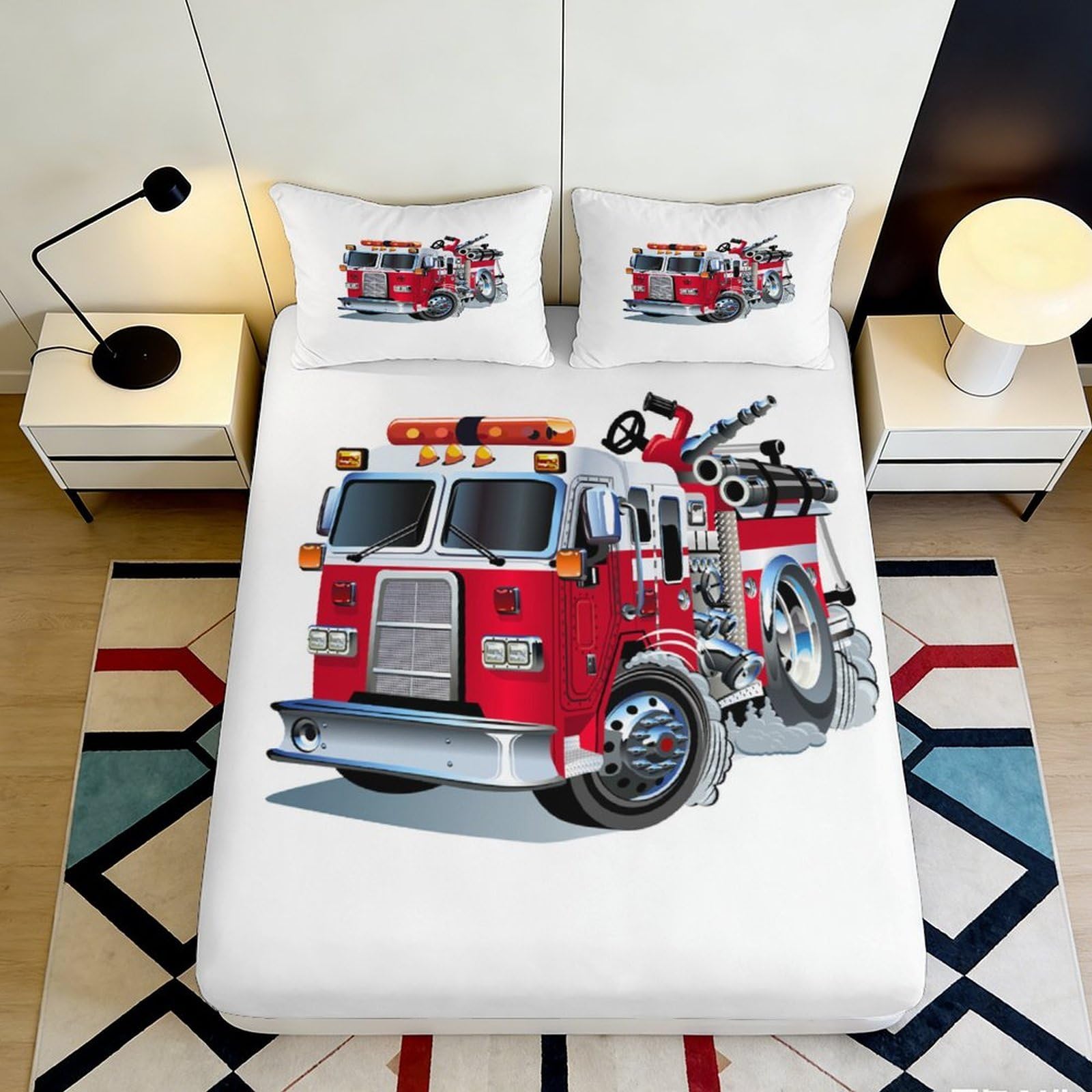 3D Printed Fire Truck Fitted Sheet Microfiber Deep Pocket Bedroom Fire Truck Mattress Fitted Cover for Adults Teens 90x200x25cm