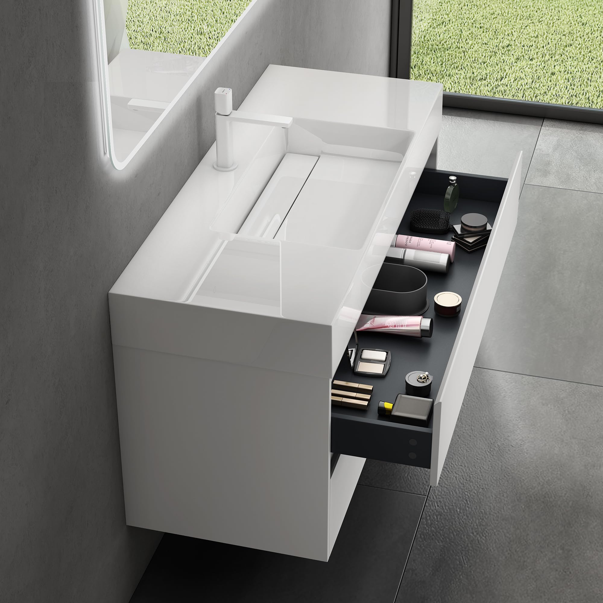 doporro Meuble de Salle de Bain Suspendu 120x48x50cm Ensemble de 2 Pièces | Blanc Mat, avec Lavabo en Solid Surface, Design Deep