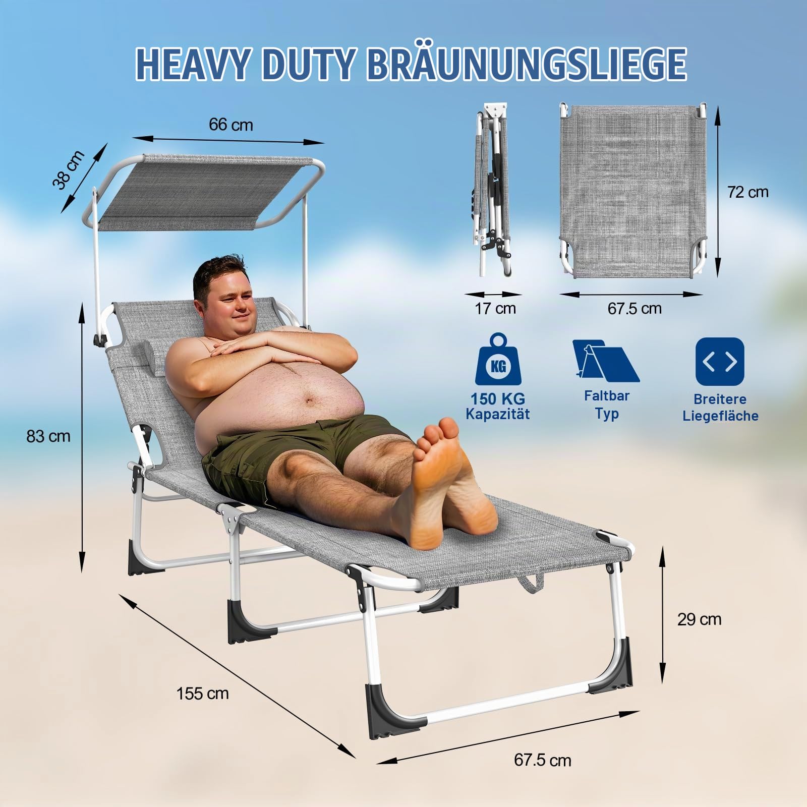 2er Set Sonnenliege Extra Breit 195x69x29, Liegestuhl Leicht mit Dach-Kopfkissen-Seitentasche, Verstellbarer Rückenlehne, Gartenliege, Strandliege Tragbar für Strand, Klappbare Sonnenliege, Leinengrau