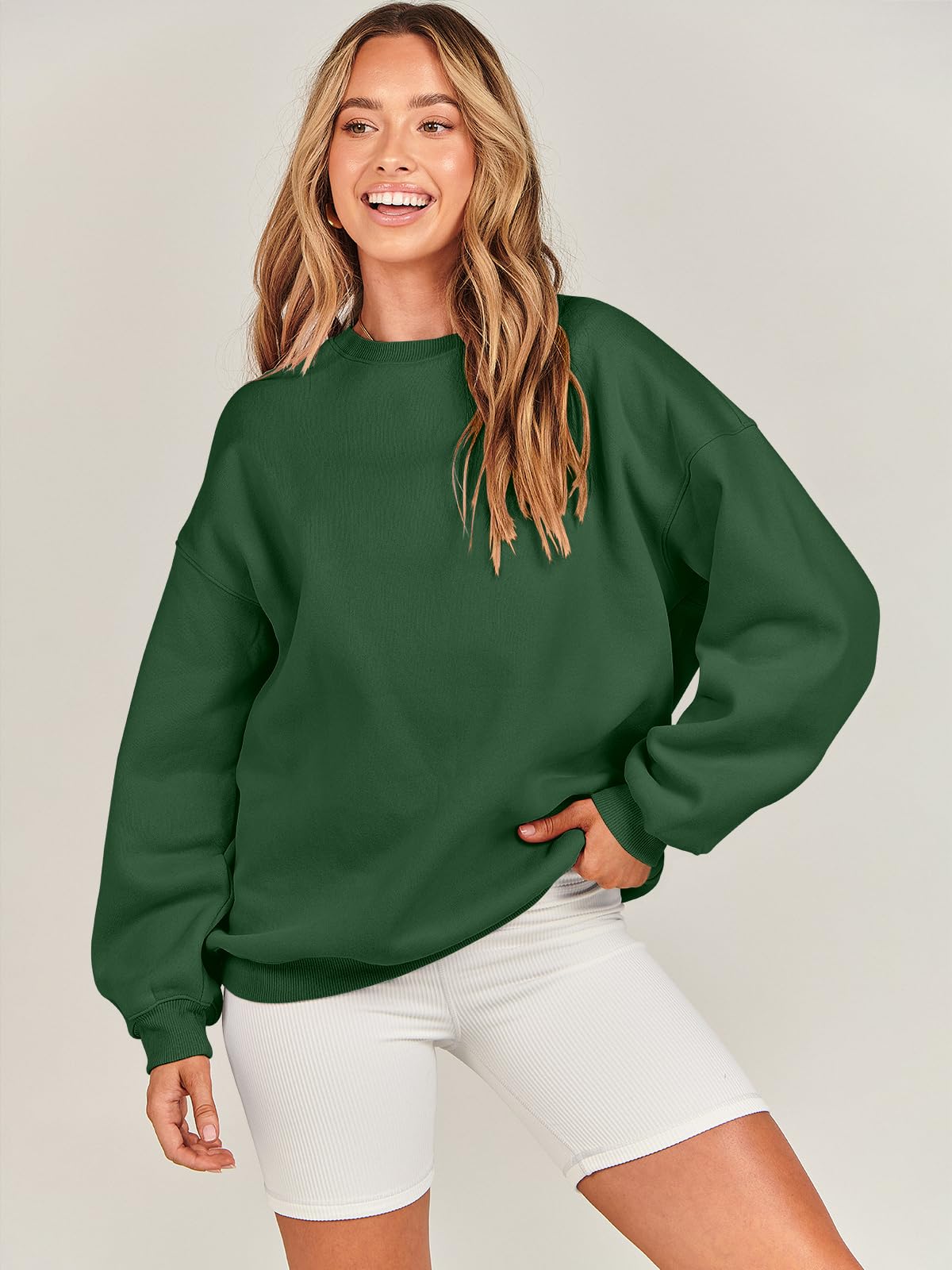 Damskie bluzy oversize bluzy z kapturem polar okrągły dekolt sweter top codzienne jesienne stroje preppy ubrania nastolatki 2024 A1019 światło, Jeden kolor, Deep Green_X-Small