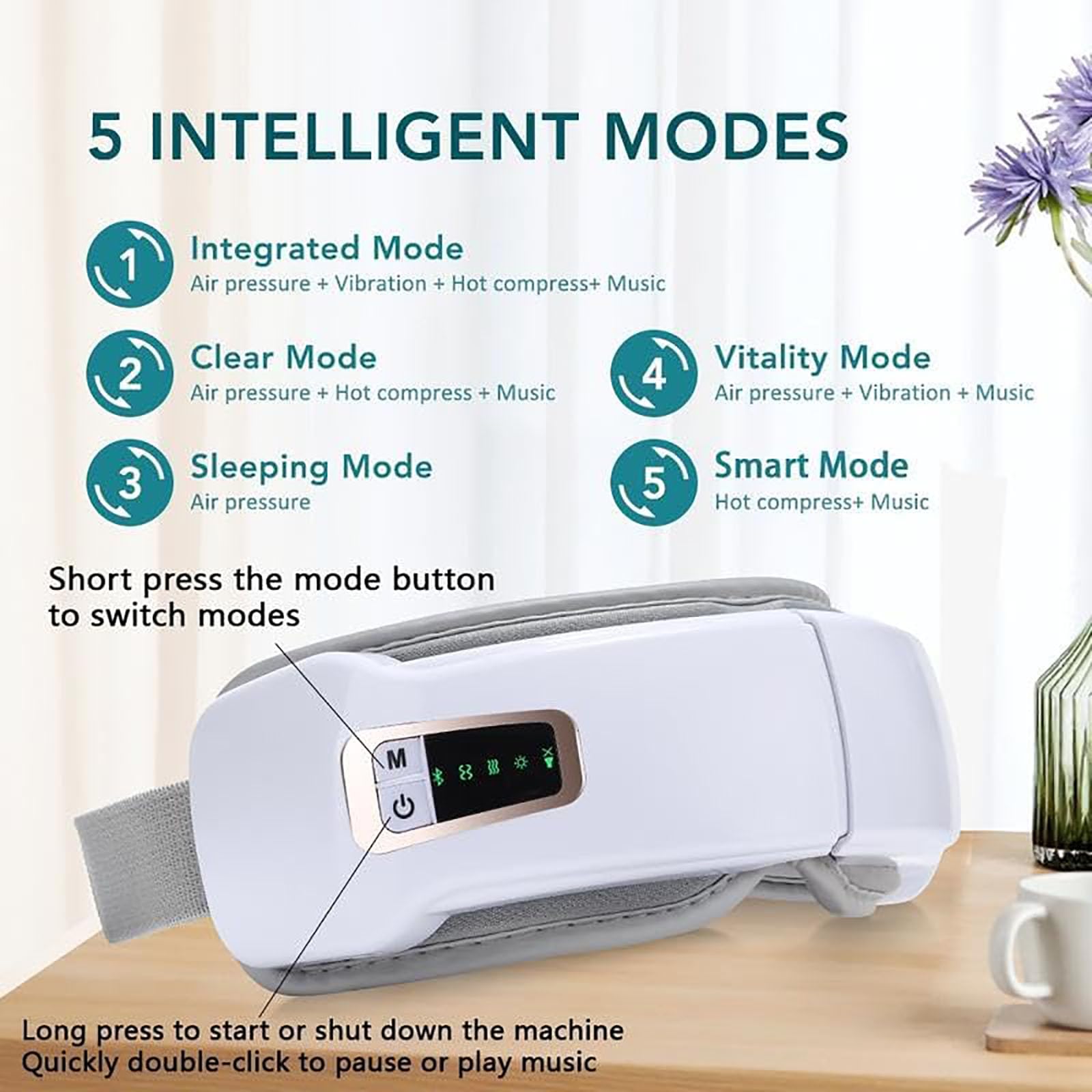 Massaggiatore oculare 4 in 1 con calore e musica, pressione dell'aria, cinque modalità di massaggio intelligenti, maschera per dormire portatile ricaricabile per secchezza oculare (1SET)
