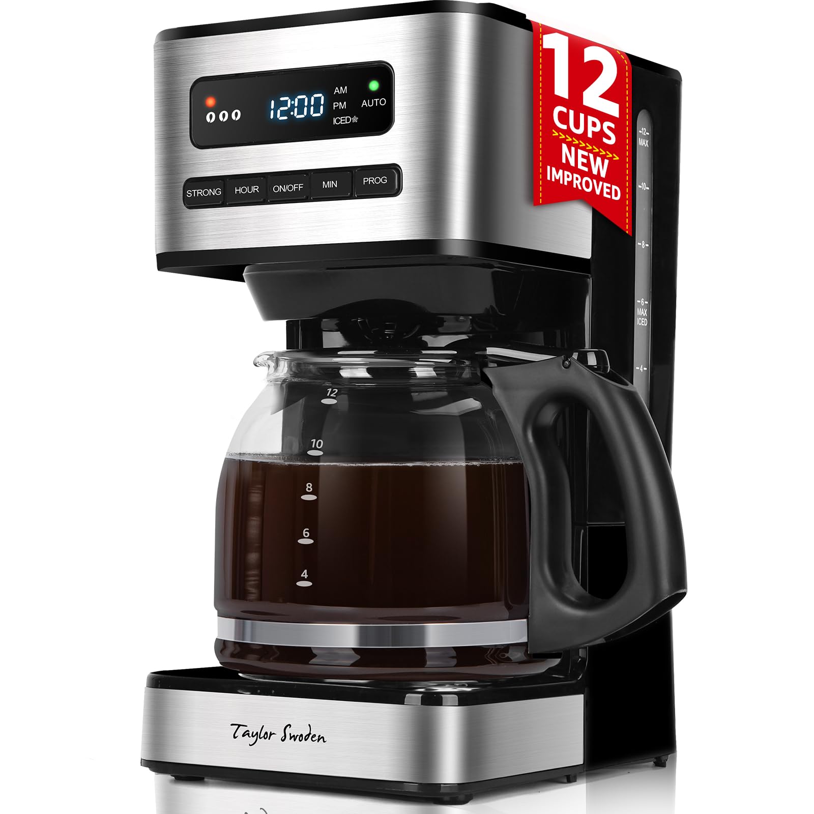 Taylor Swoden Cafetera Goteo 12 Tazas 1.8L Programable 24H LED, Café Helado | 3 Niveles, Jarra Borosilicato, 40 Min Mantener caliente+Autoapagado, Autolimpieza, Antigoteo, Inoxidable, 900W, Flex
