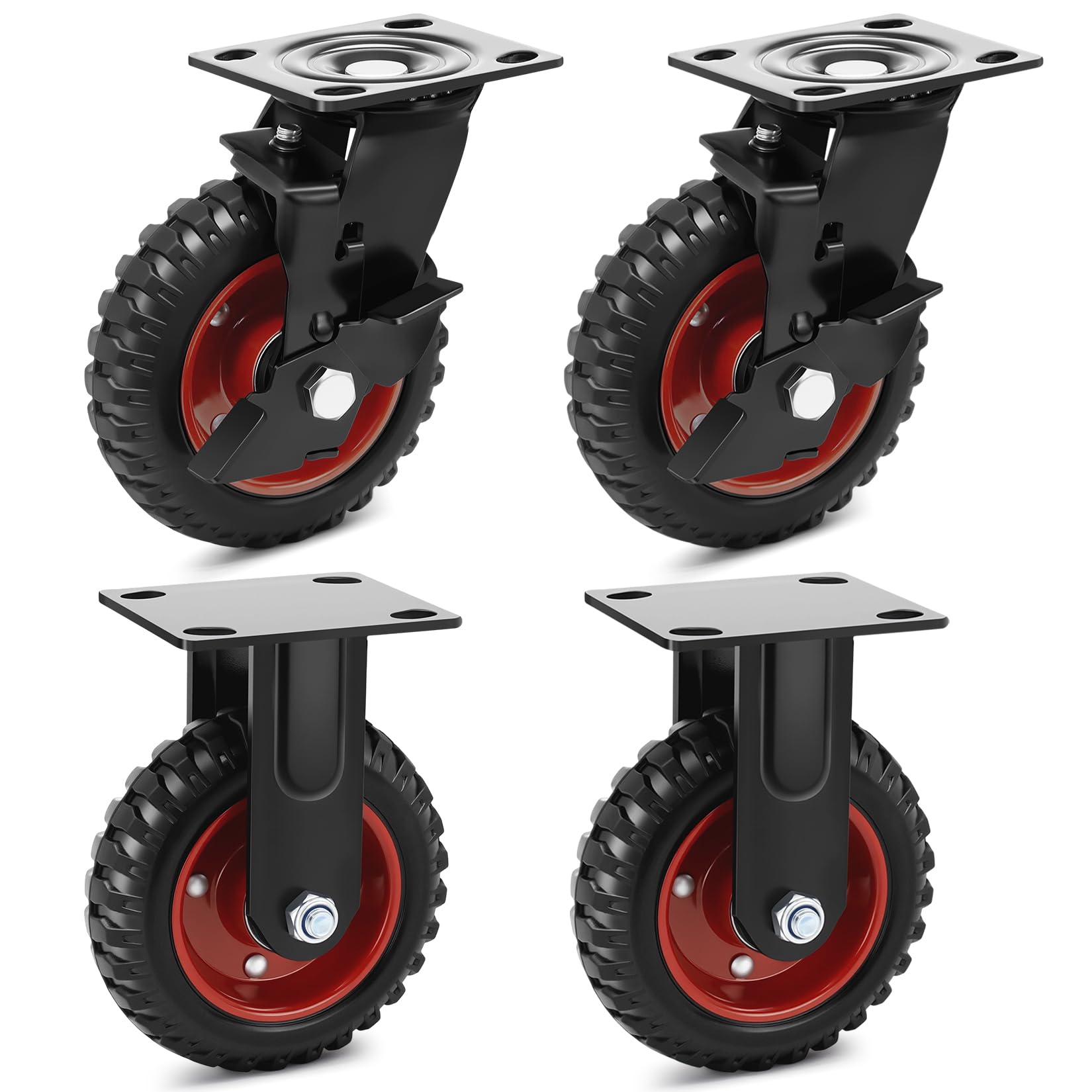 Ruote Industriali da 150mm per carichi pesanti fino a 800kg, Gomma Piena, 2 Ruote Girevoli con Freno e 2 Fisse, Ideali per Scaffali Pesanti, Carrelli Industriali e Container Mobili